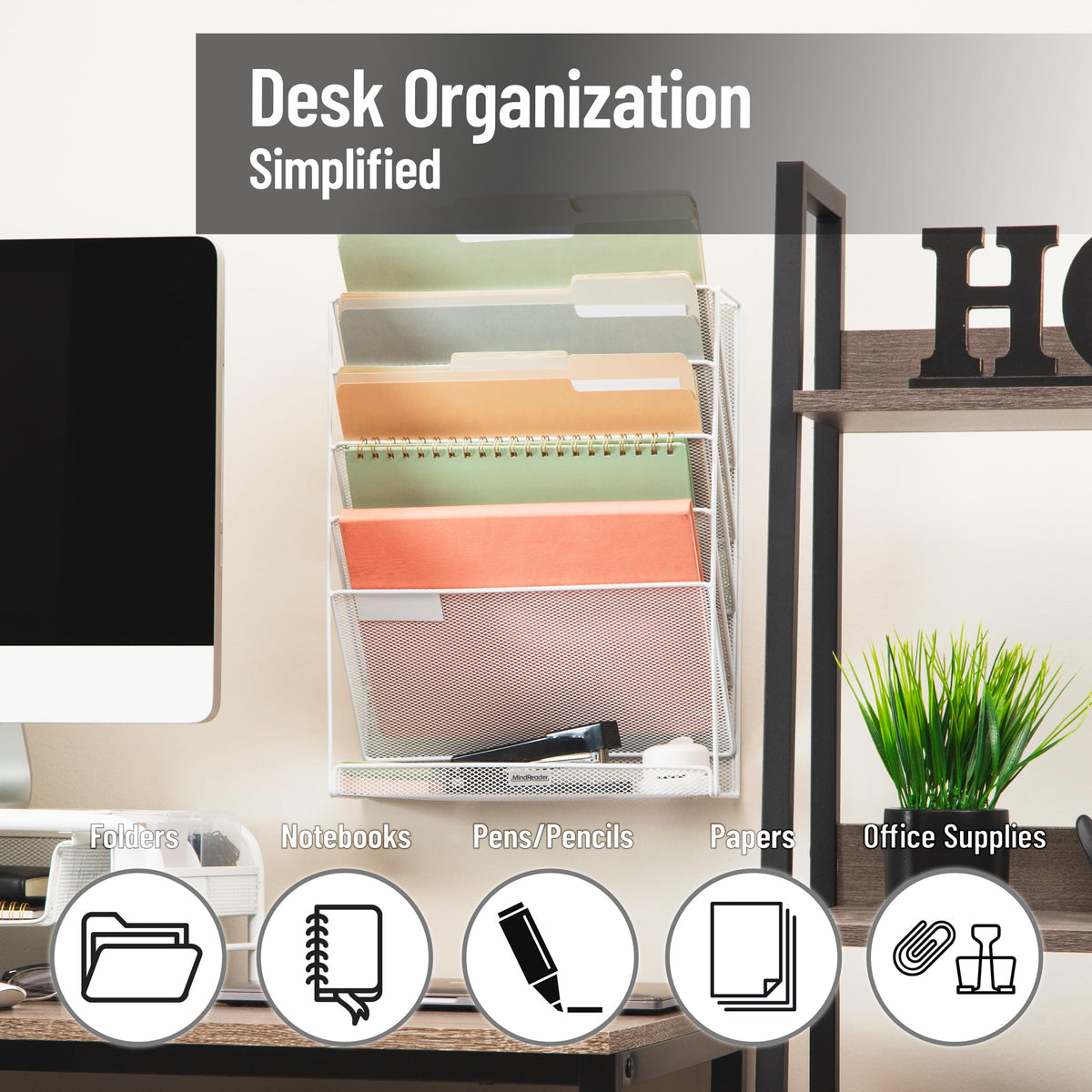 Mind Reader 5-Pocket Vertical File Storage, Desktop Organizer, Wall Mount, Office, Metal Mesh,White