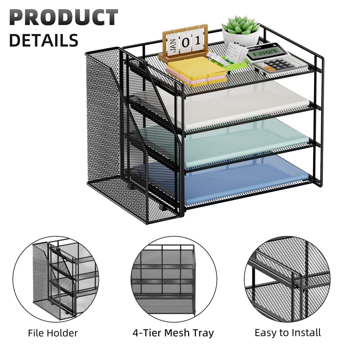 Marbrasse 4-Tier Paper Tray Organizer with File Holder, Black