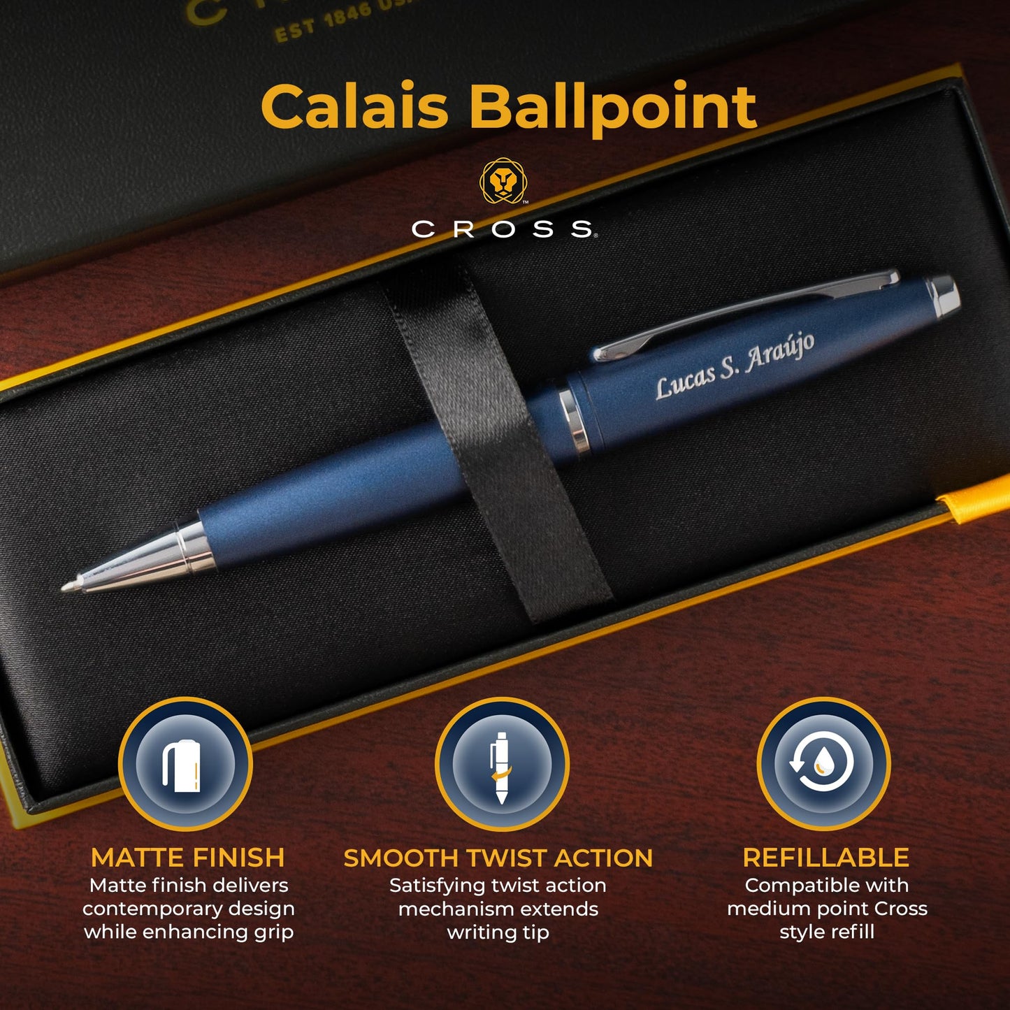 Cross Calais Personalized Ballpoint Pen in Matte Blue with Chrome Trim