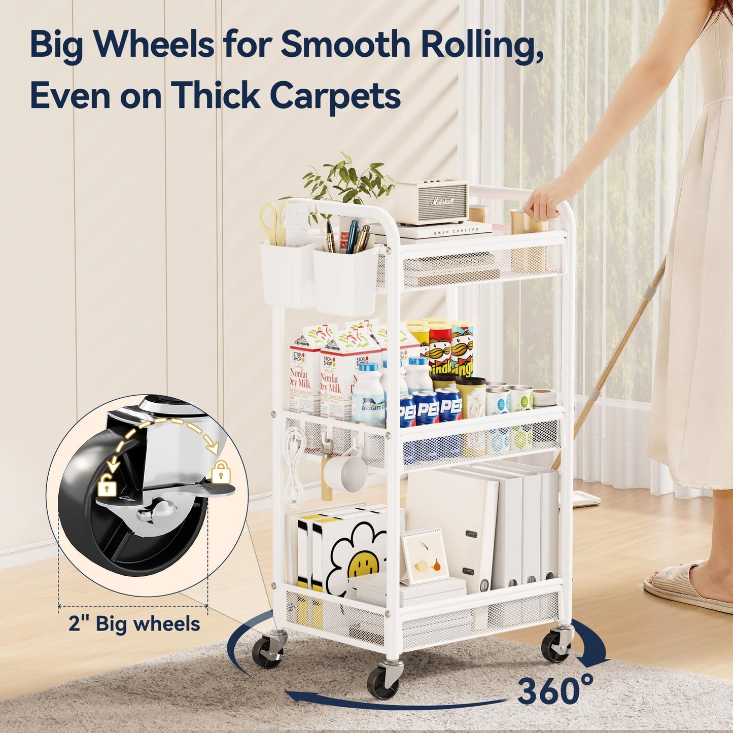 YASONIC 3 Tier Metal Rolling Cart, White Utility Storage Cart with Wheels