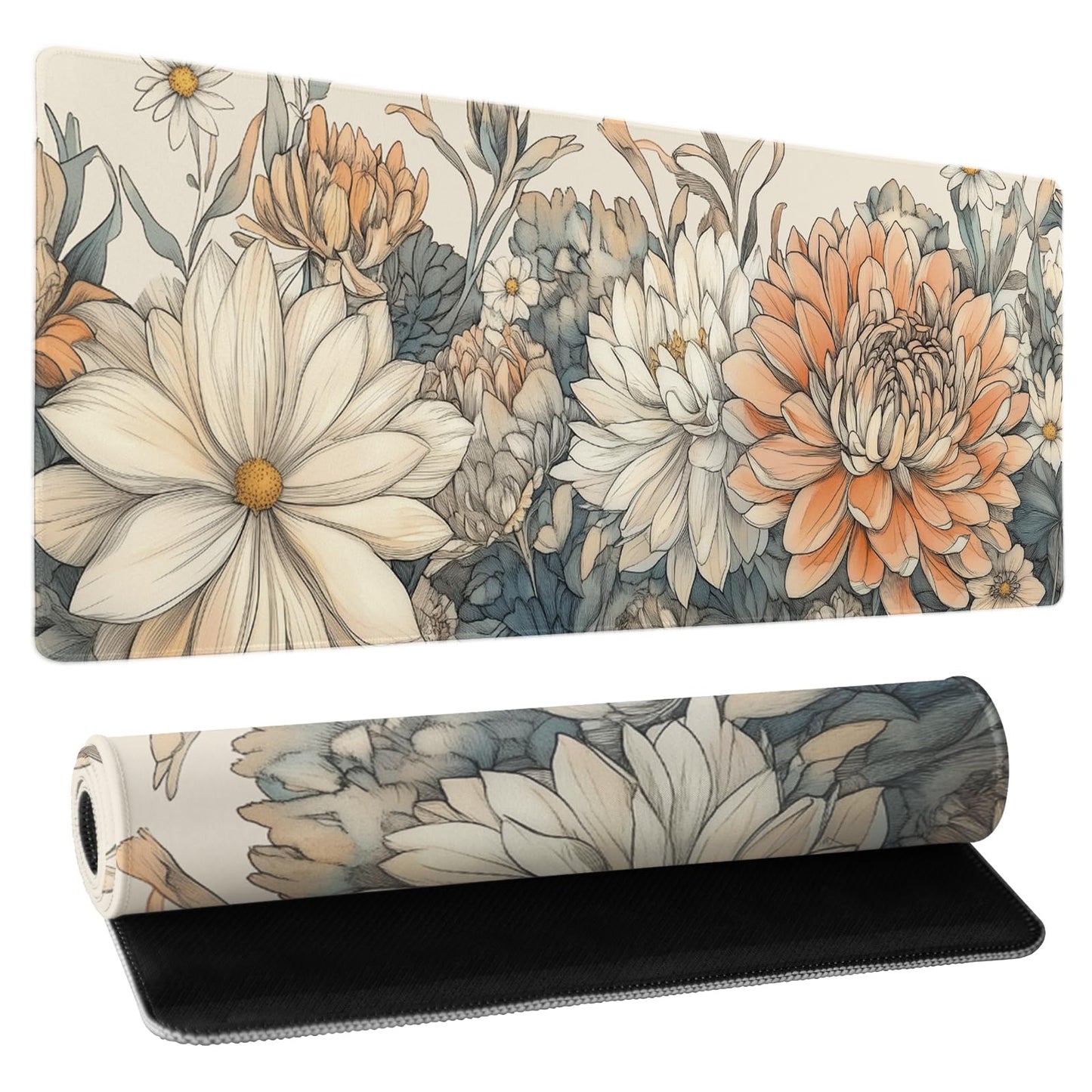 Japanese Minimalist Floral Desk Mat Watercolor Flowers XL Large Extended Gaming Mouse Pad 31.5x11.8