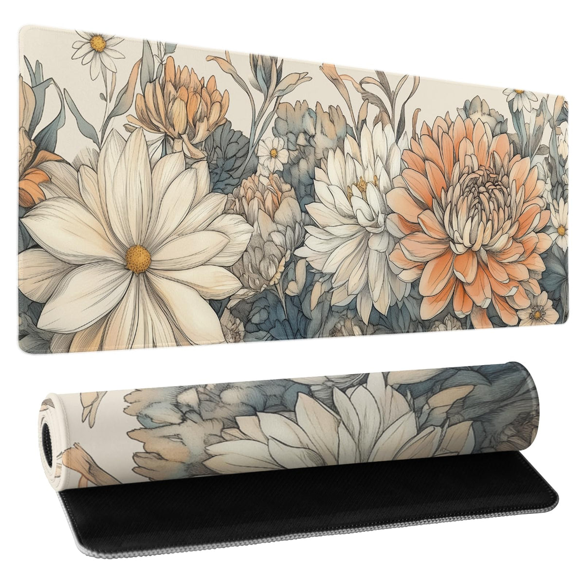 Japanese Minimalist Floral Desk Mat Watercolor Flowers XL Large Extended Gaming Mouse Pad 31.5x11.8