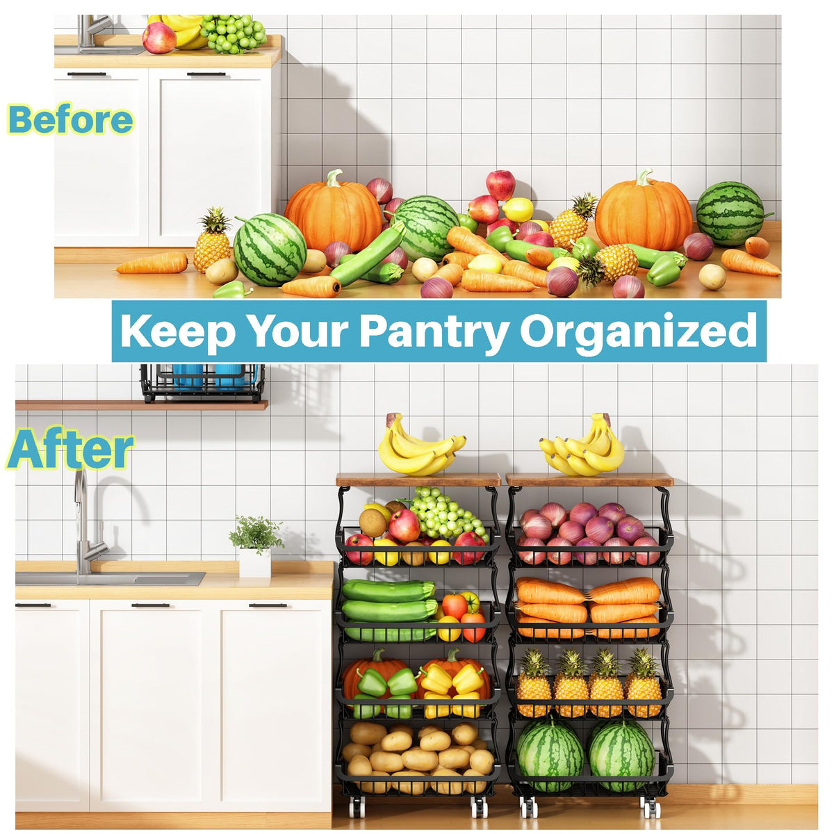 4 Tier Vegetable Fruit Basket for Kitchen, Stackable Metal Fruit and Vegetable Storage Baskets with