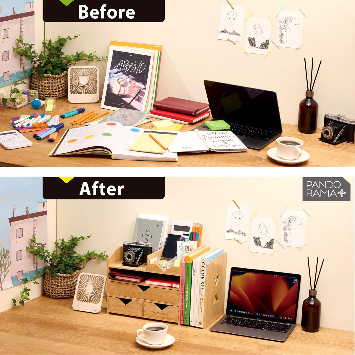 Pandorama Bamboo Desk Organizer Large - A4 Drawers & Adjustable File Holder, Fully Assembled Wood