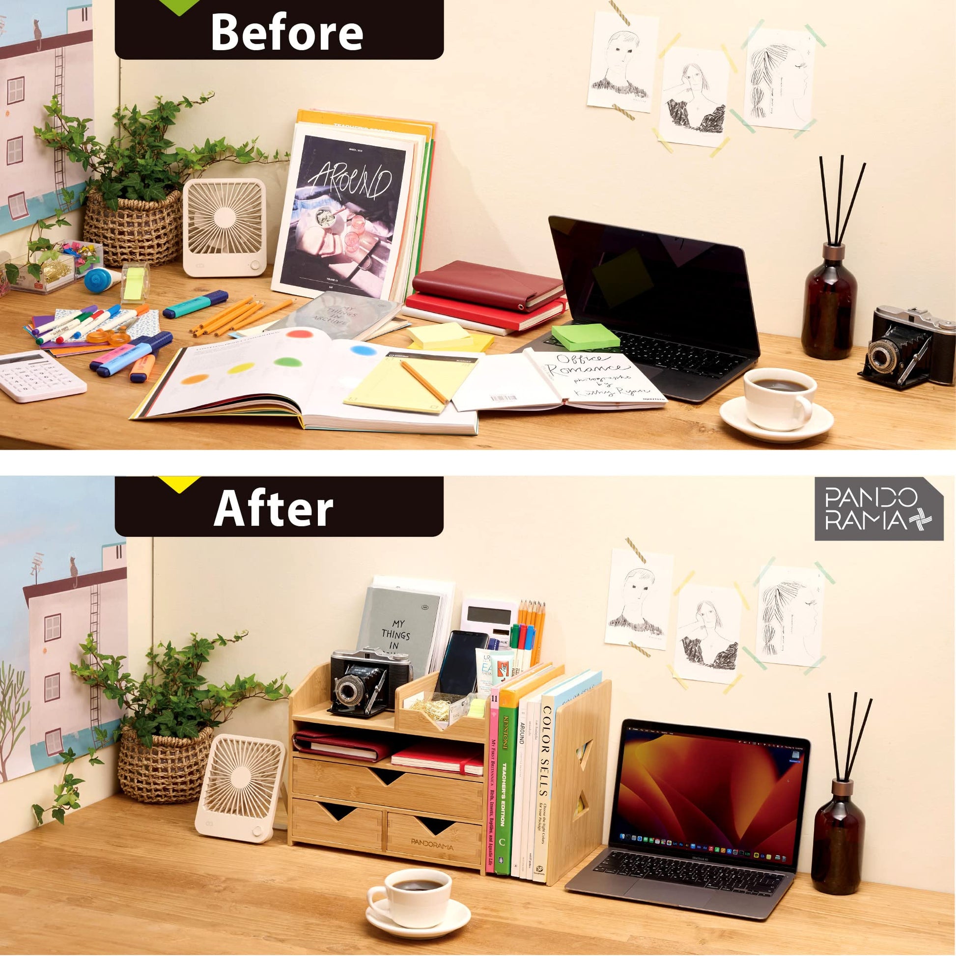 Pandorama Bamboo Desk Organizer Large - A4 Drawers & Adjustable File Holder, Fully Assembled Wood