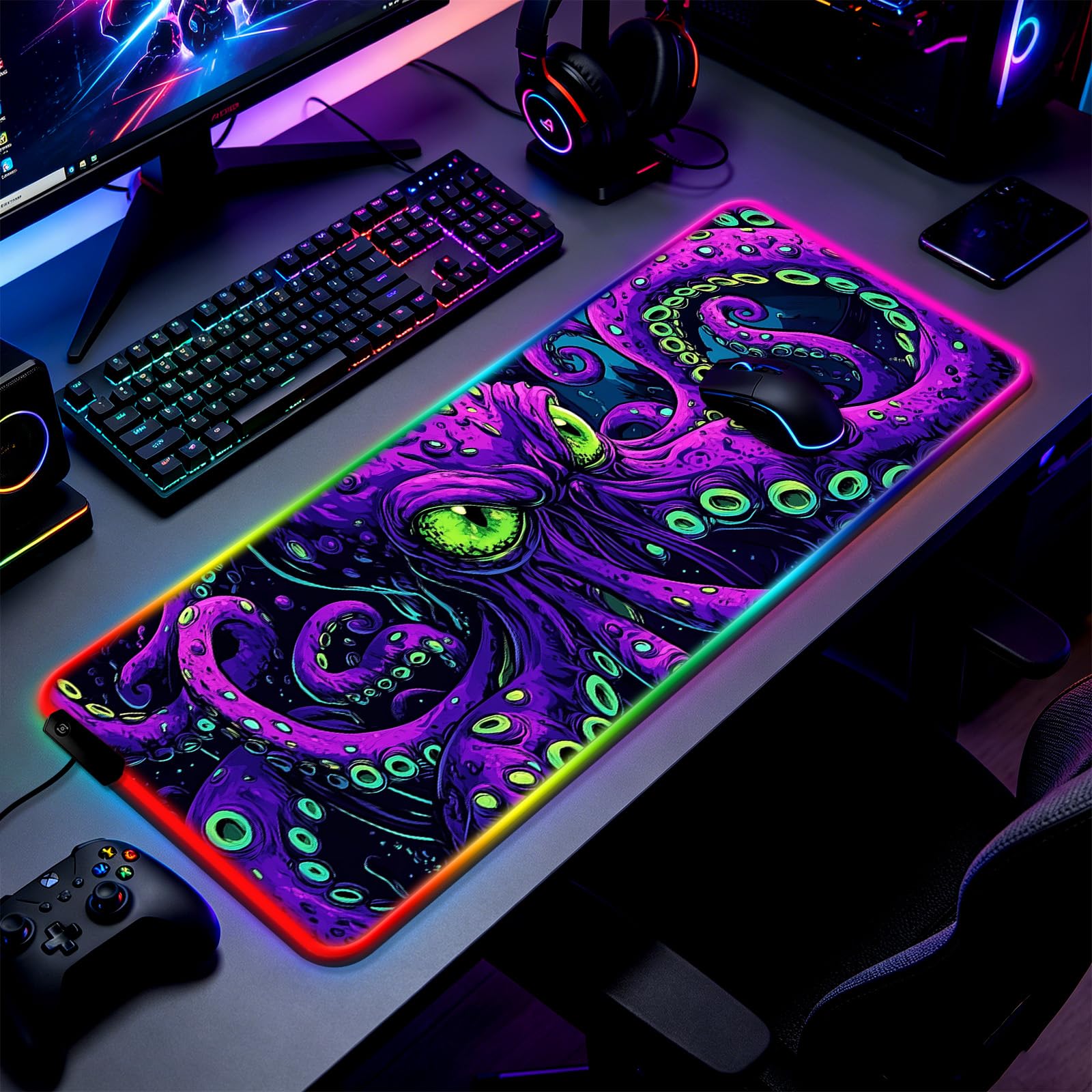 JIANG100 RGB Mystic Purple Octopus Gaming Desk Mat & Mouse Pad, XL