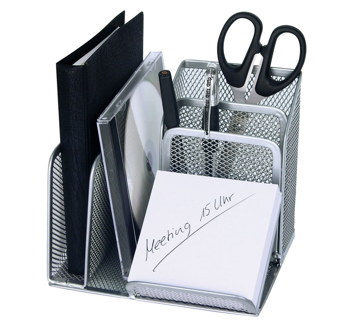 WEDO Butler Office 65554 Pen Holder 4 Compartments and Slant Tray Wire Metal Silver
