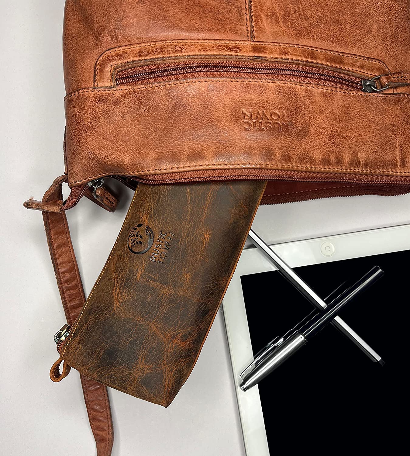 Rustic Town Leather Pencil Case - Vintage Zippered Pencil Pouch & Pen Case for Adults, Artists