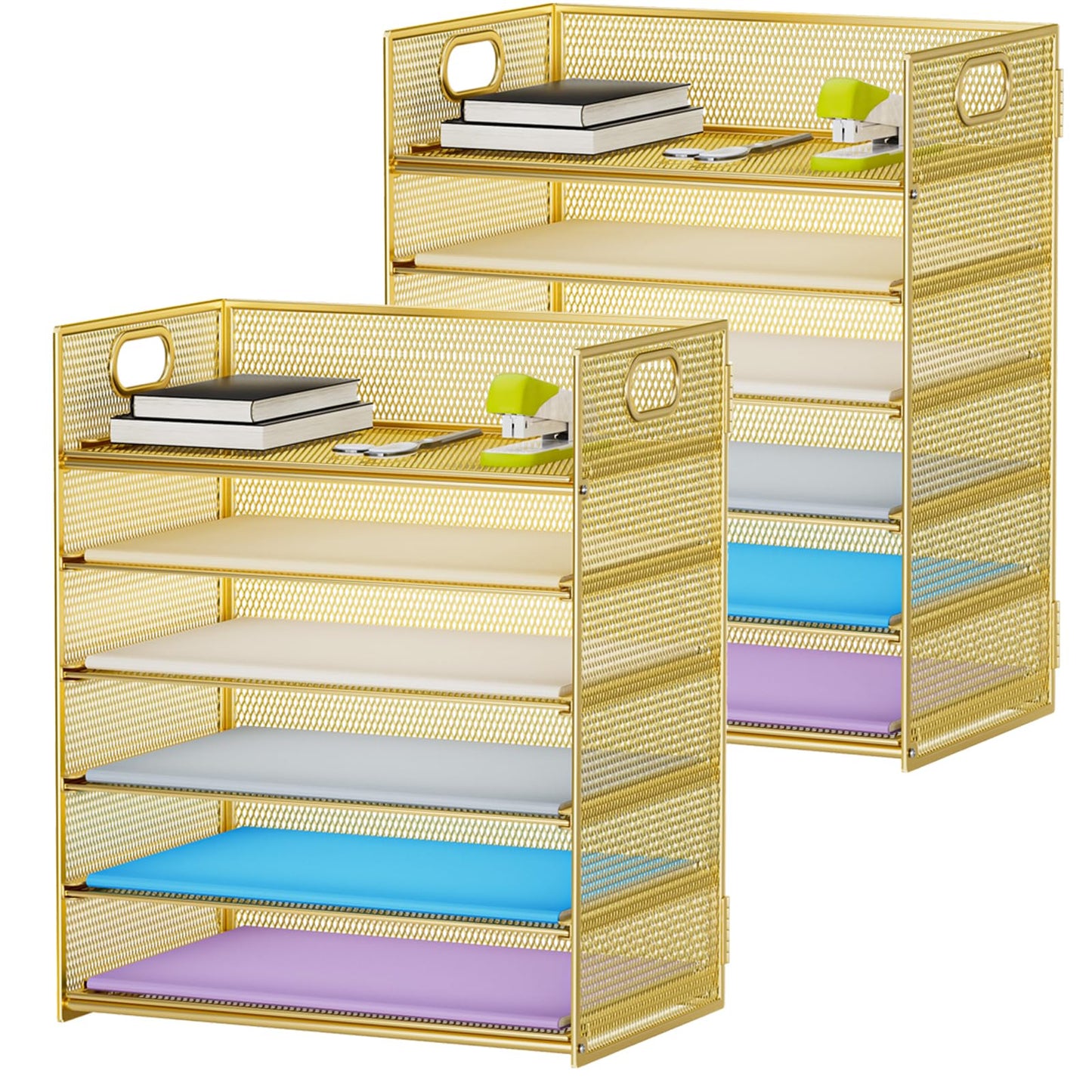 Marbrasse 2 Pack Desk Organizer with Handle, 6 Tier Paper Letter Tray, Mesh Desk File Organizer for