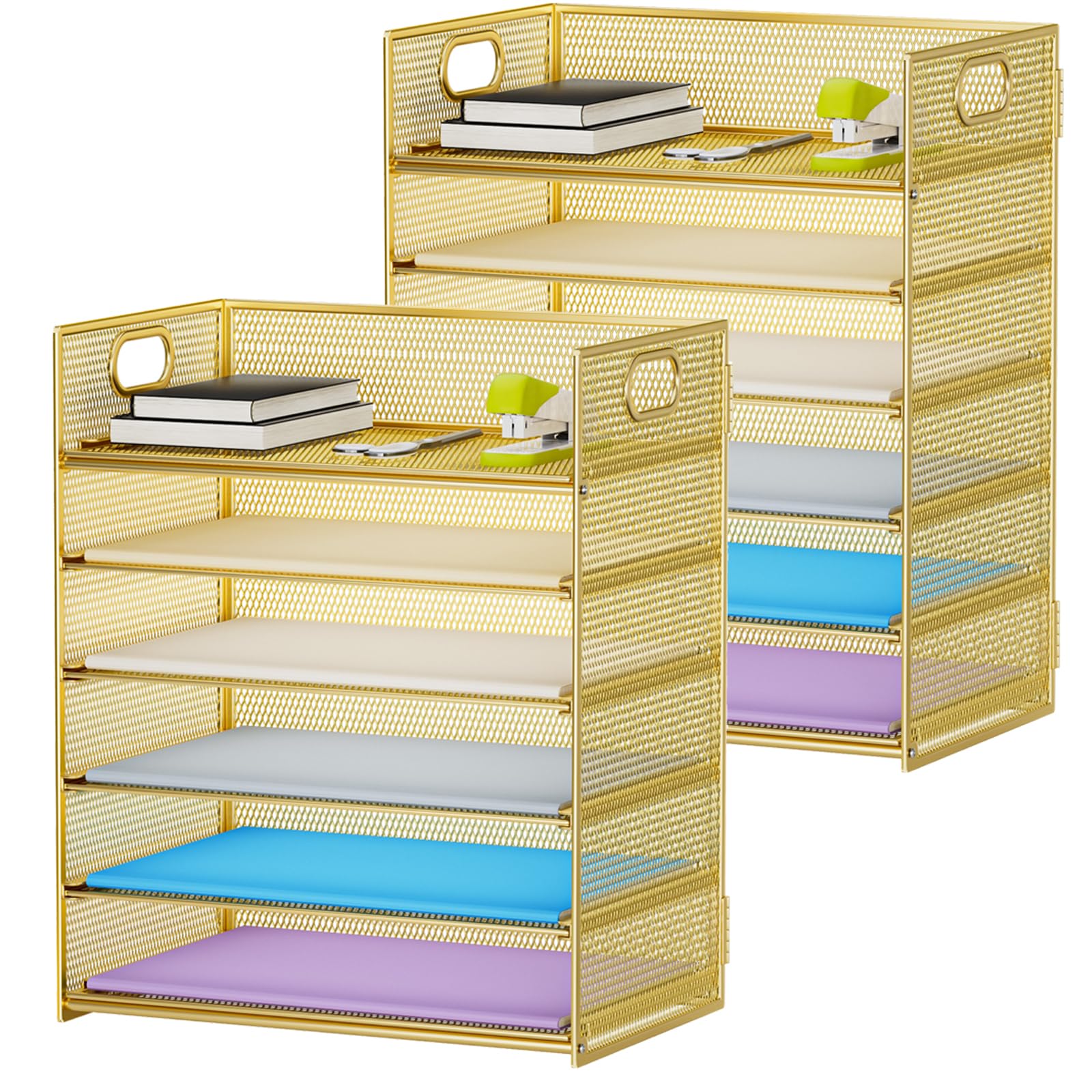 Marbrasse 2 Pack Desk Organizer with Handle, 6 Tier Paper Letter Tray, Mesh Desk File Organizer for