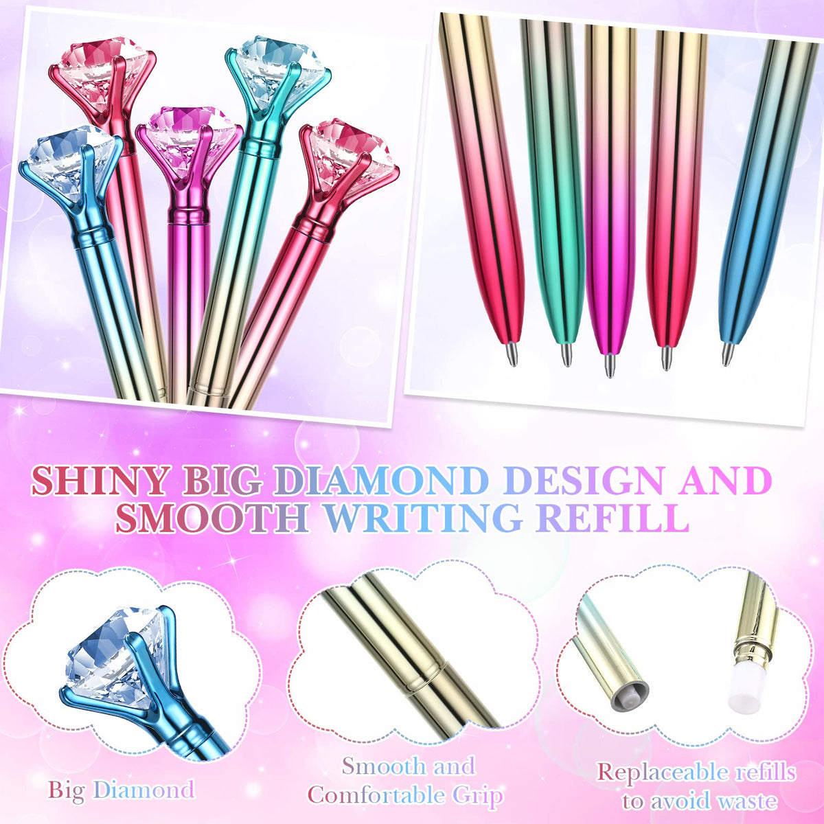 Gersoniel 24 Pcs Big Crystal Diamond Top Pens Rhinestones, Colorful Style