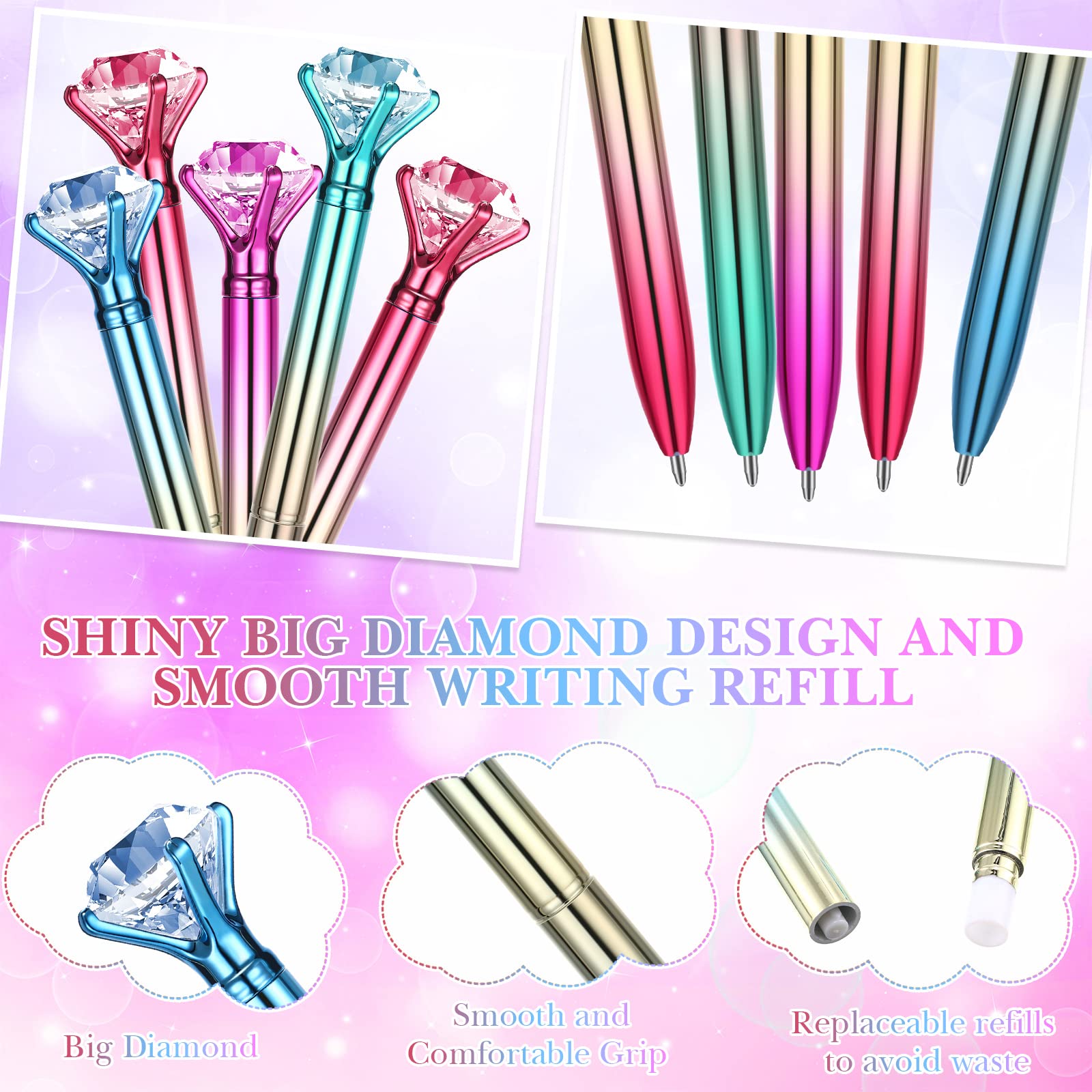 Gersoniel 24 Pcs Big Crystal Diamond Top Pens Rhinestones, Colorful Style