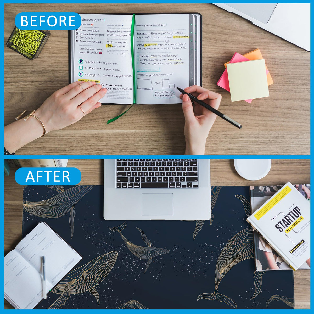 EOBKLAX Whales in Gold Line Desk Mat,Large Gaming Mouse Pad,Non-Slip Rubber Base Desk Pad with