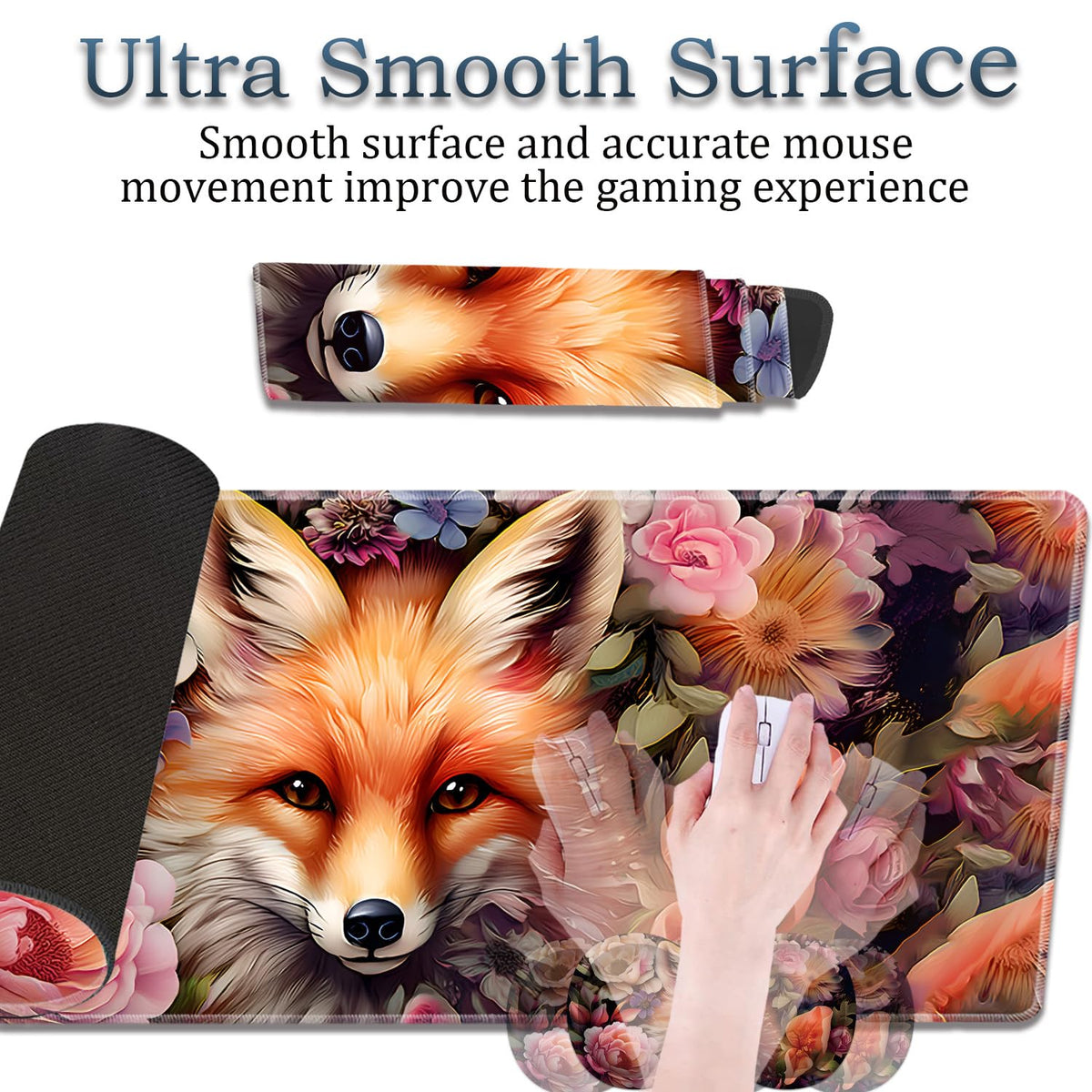 3-Piece Fairy Fox Floral Mouse Pad Set, Including Wrist Support Pad and Cup Holder, with Waterproof