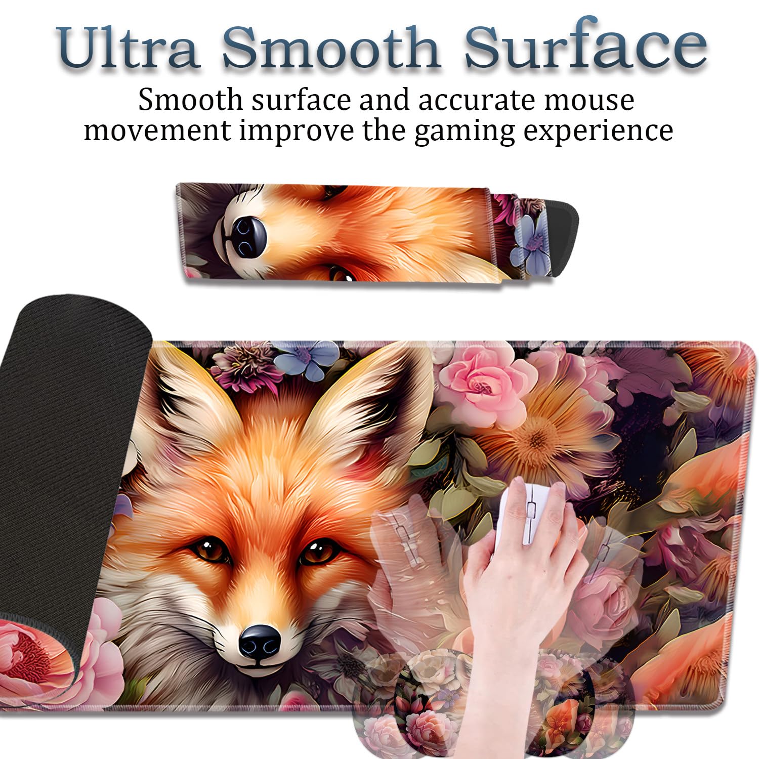 3-Piece Fairy Fox Floral Mouse Pad Set, Including Wrist Support Pad and Cup Holder, with Waterproof