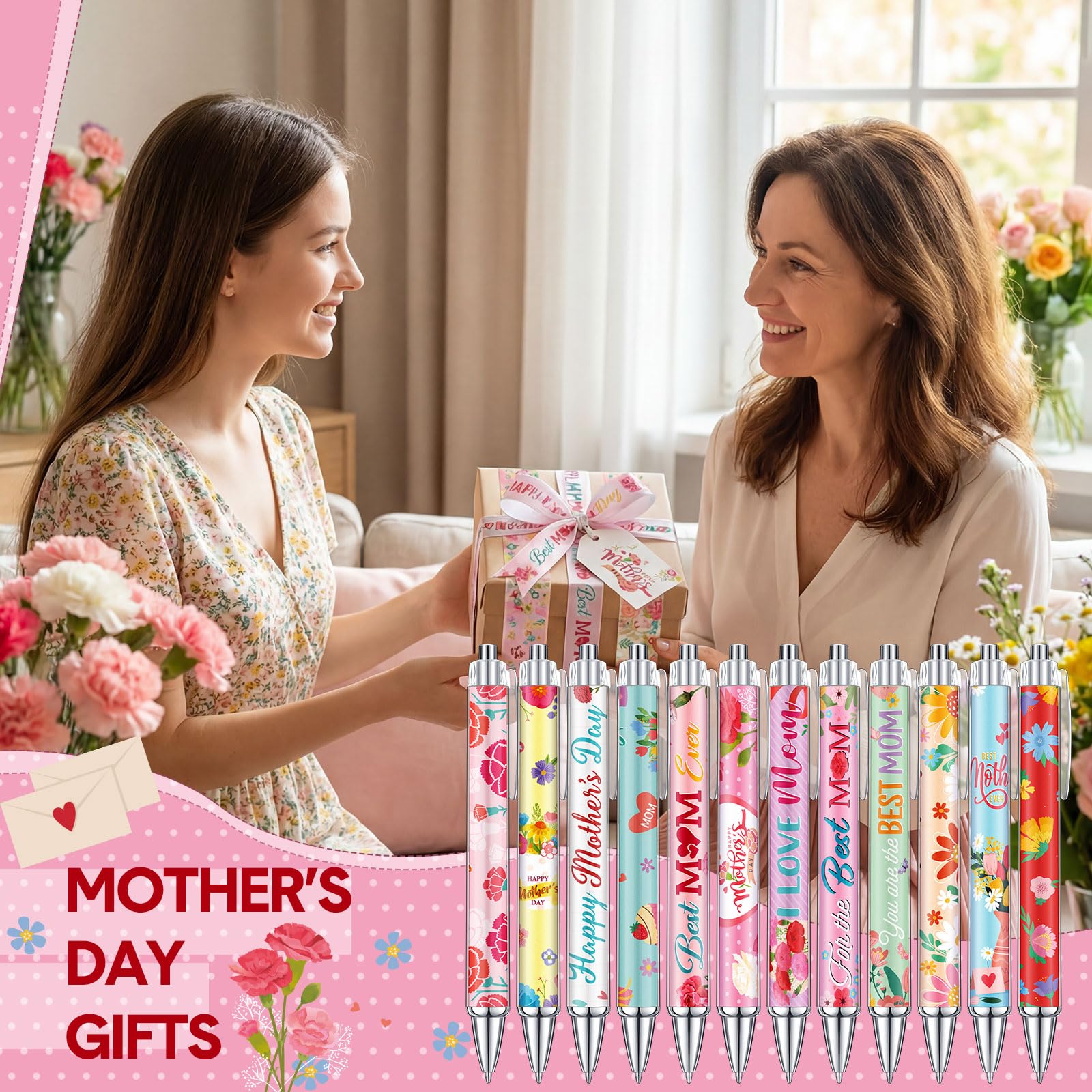 Cholemy 48 Pcs Mother's Day Ballpoint Pens Bulk Flower Happy Mother's Day Writing Pens Best Mom