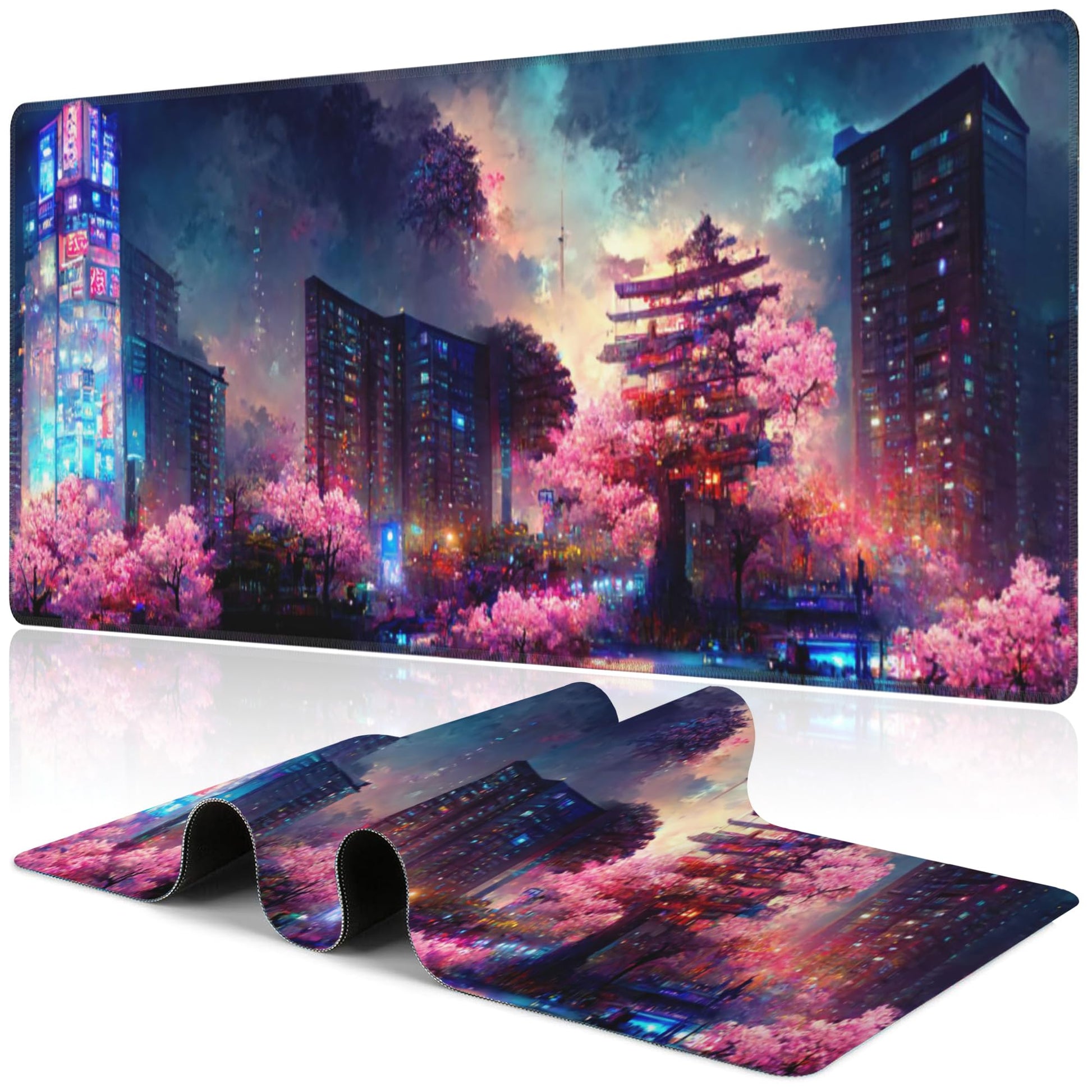 Japanese Fantasy Night City Desk Mat,Large Beautiful Night Scene Gaming Keyboard Mouse Pad,Non-Slip