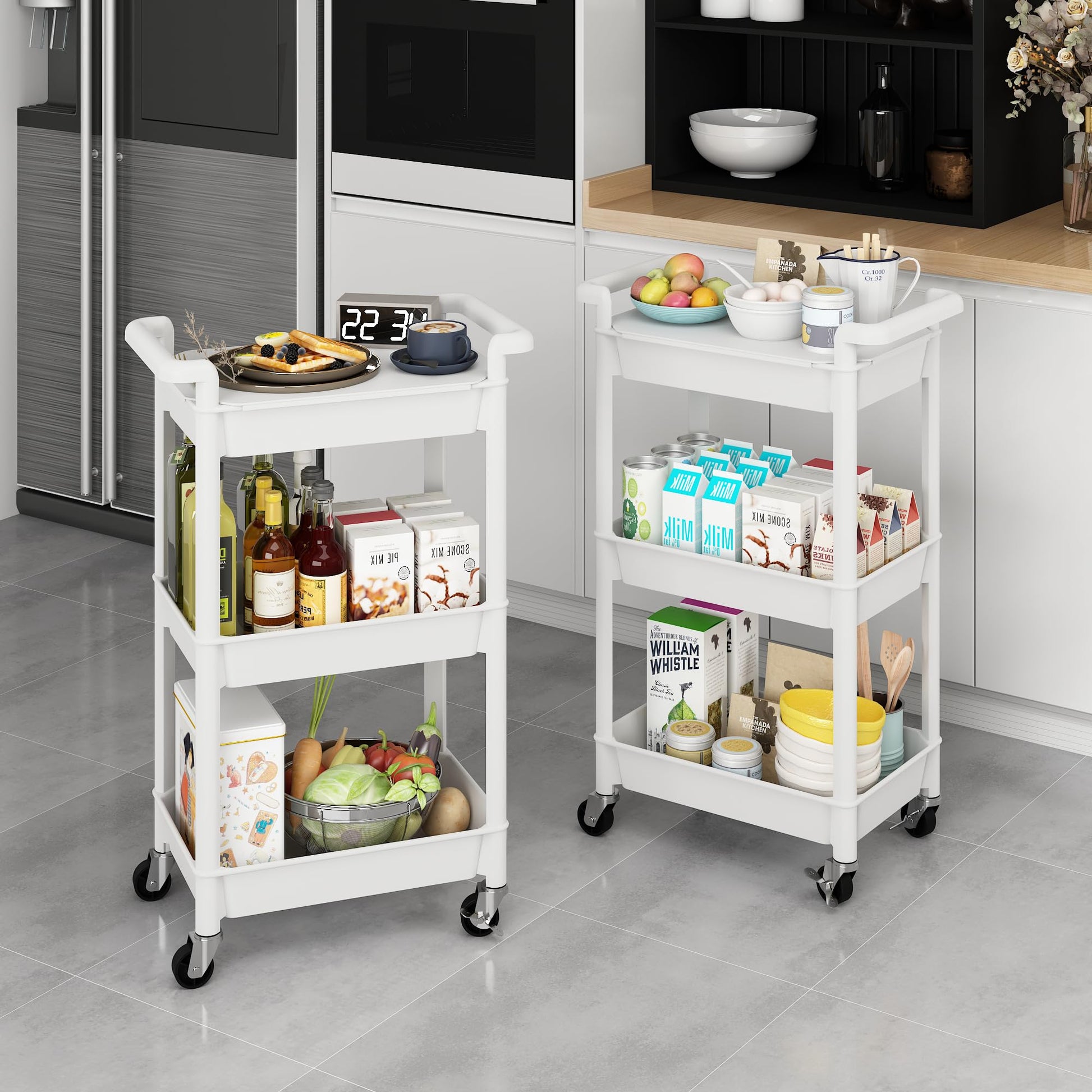 MIOCASA Utility Rolling Cart with Cover Top Board, 3-Tier Kitchen Storage Organization, Art Cart