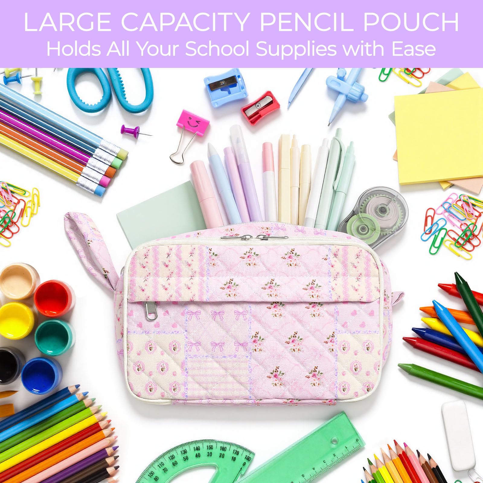 WOBAGMEN Quilted Pencil Pouch for Girls Women, Large Pencil Case Pouch with Compartments Cute
