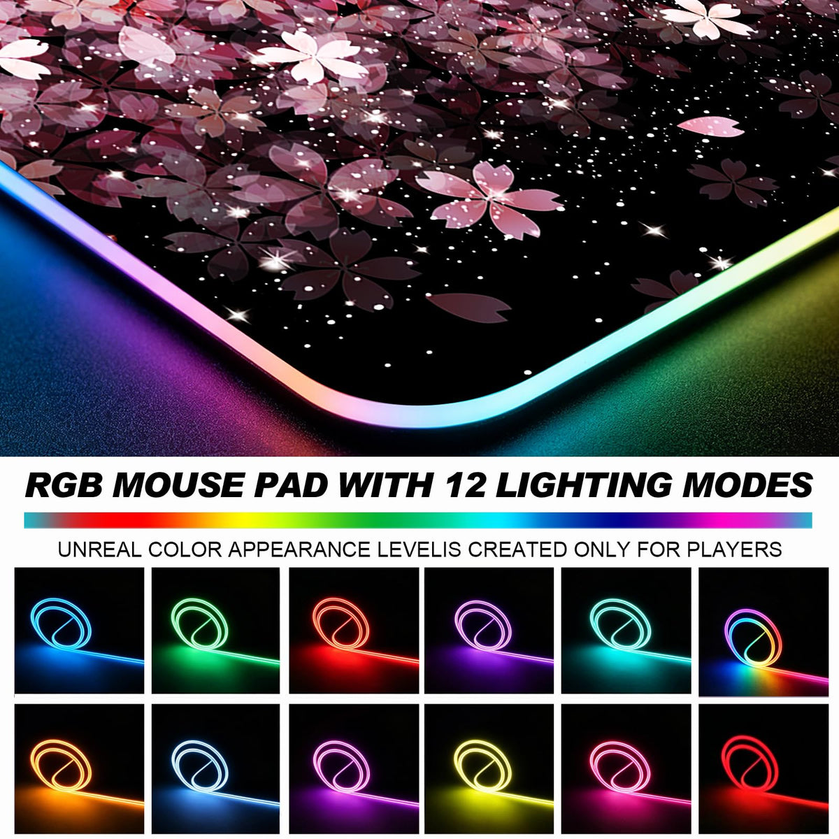 JIANG100 RGB Japanese Cherry Blossom Gaming Desk Mat & Mouse Pad, XL, Black