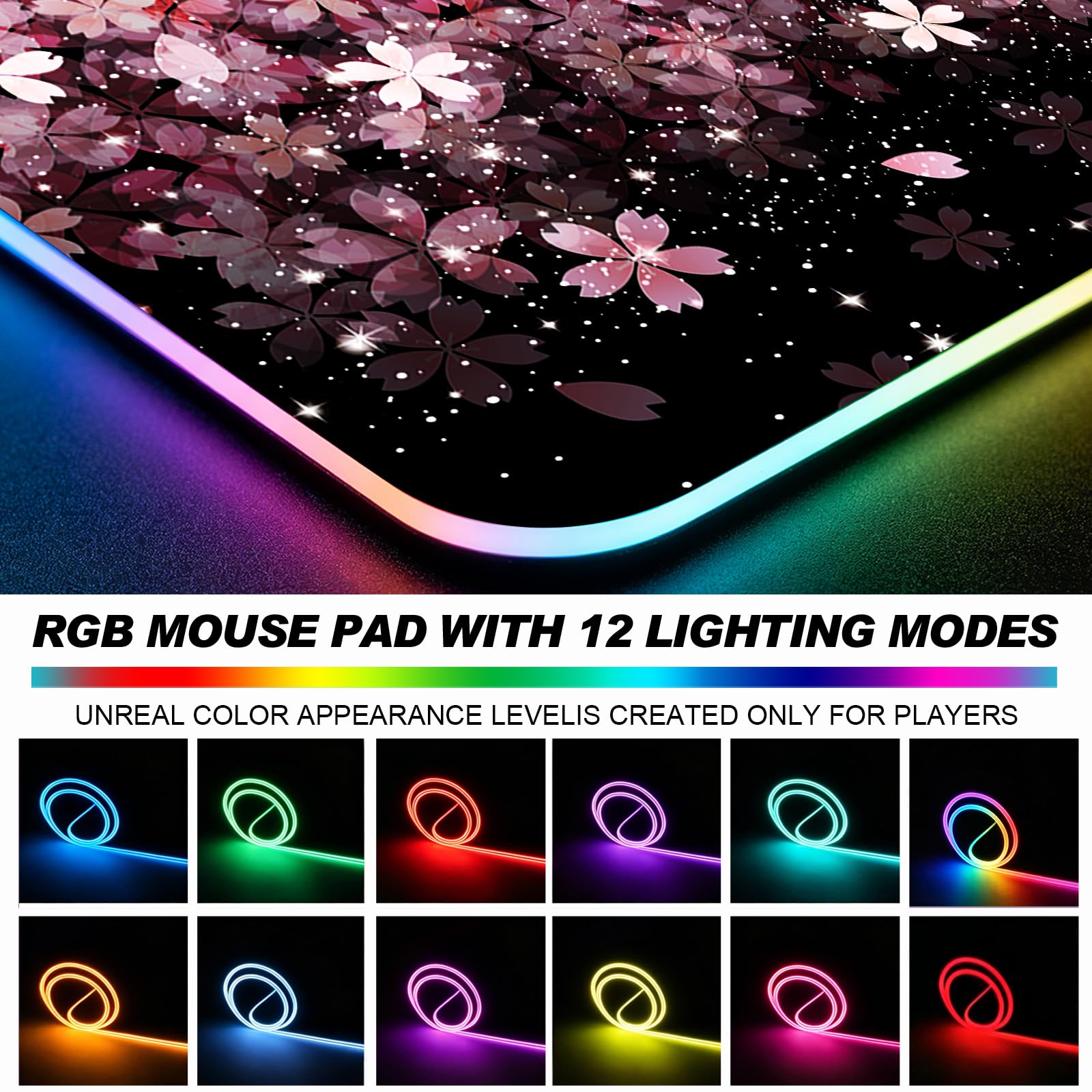 JIANG100 RGB Japanese Cherry Blossom Gaming Desk Mat & Mouse Pad, XL, Black