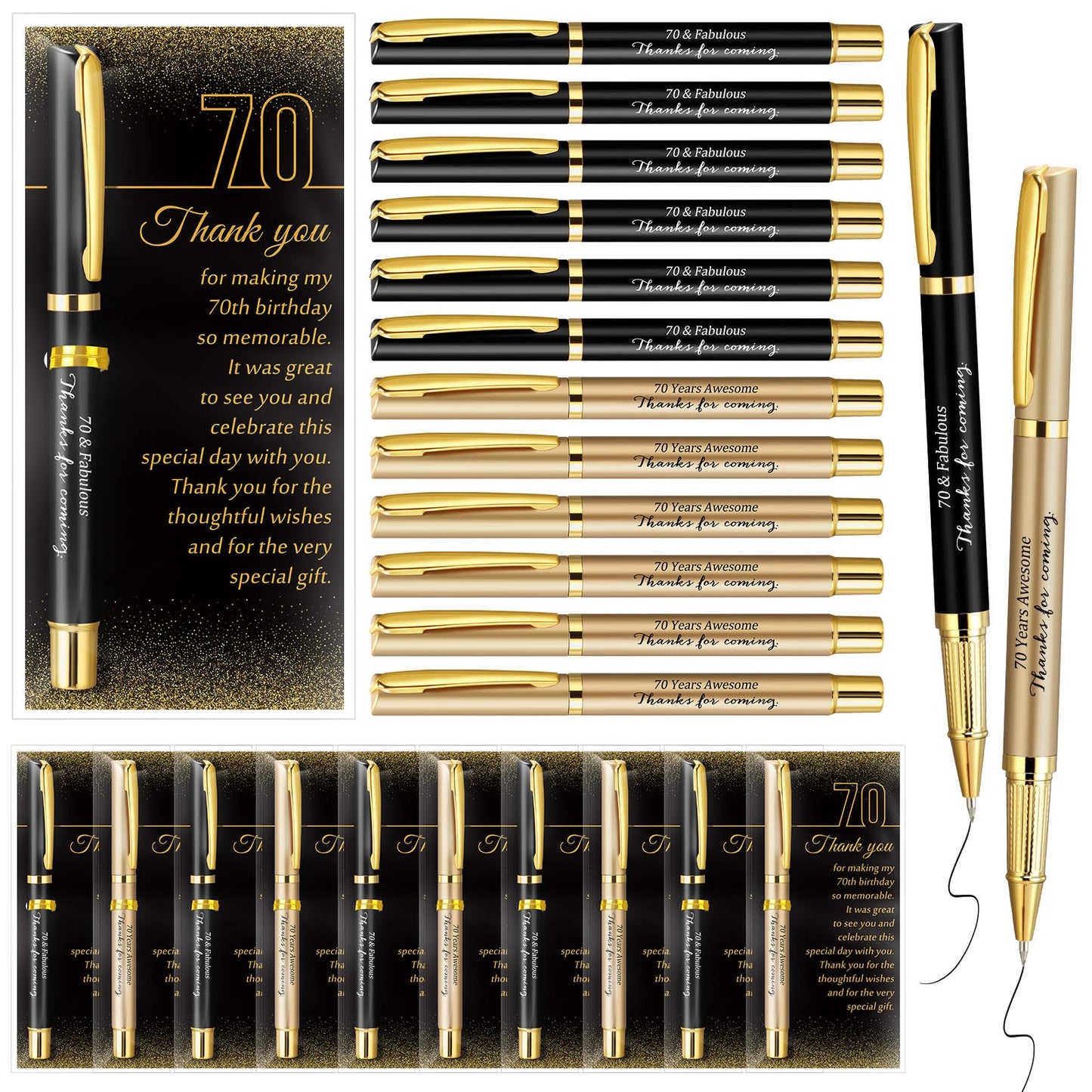 Feifeiya 30 Set 70th Birthday Favors with Black Gold Pens Cards