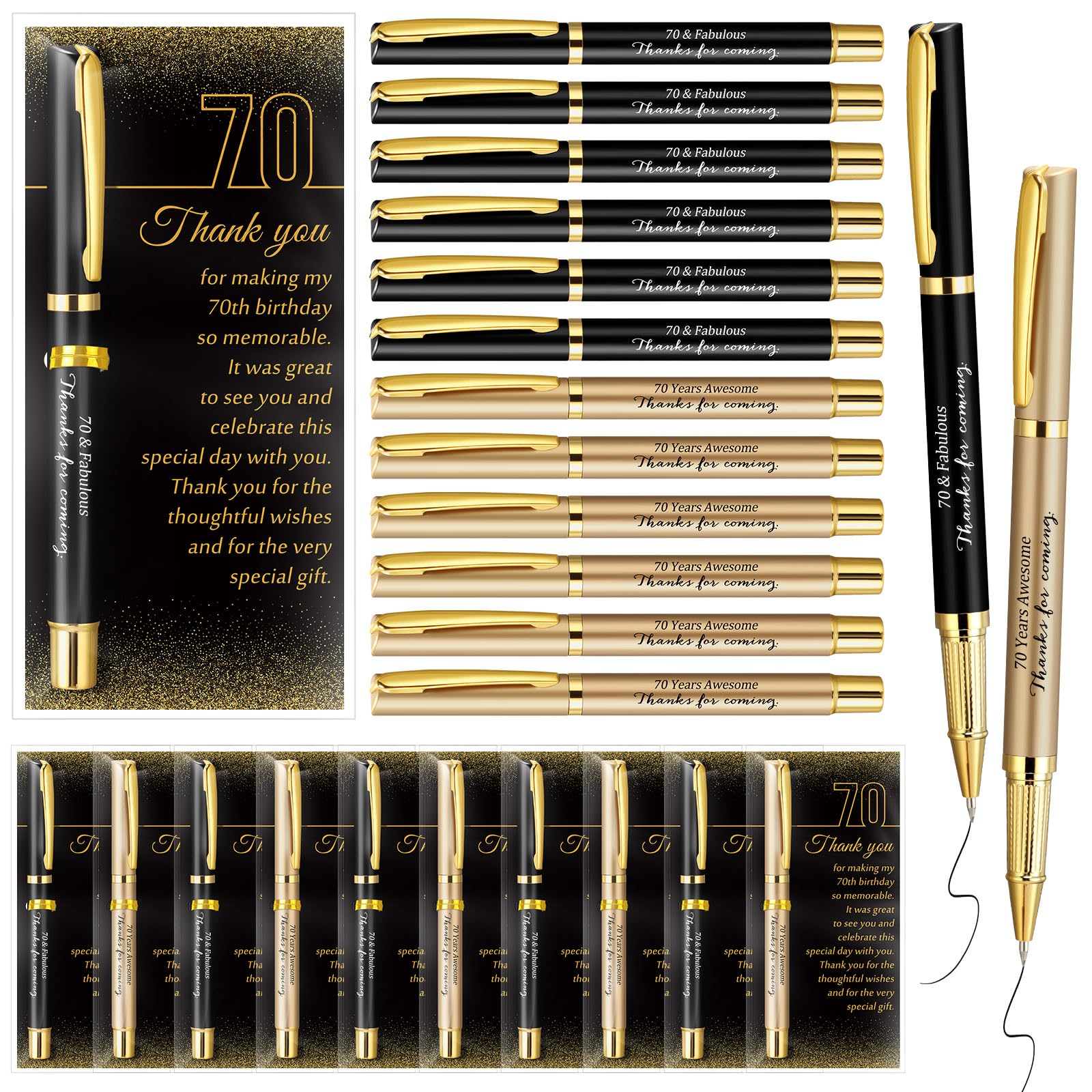 Feifeiya 30 Set 70th Birthday Favors with Black Gold Pens Cards