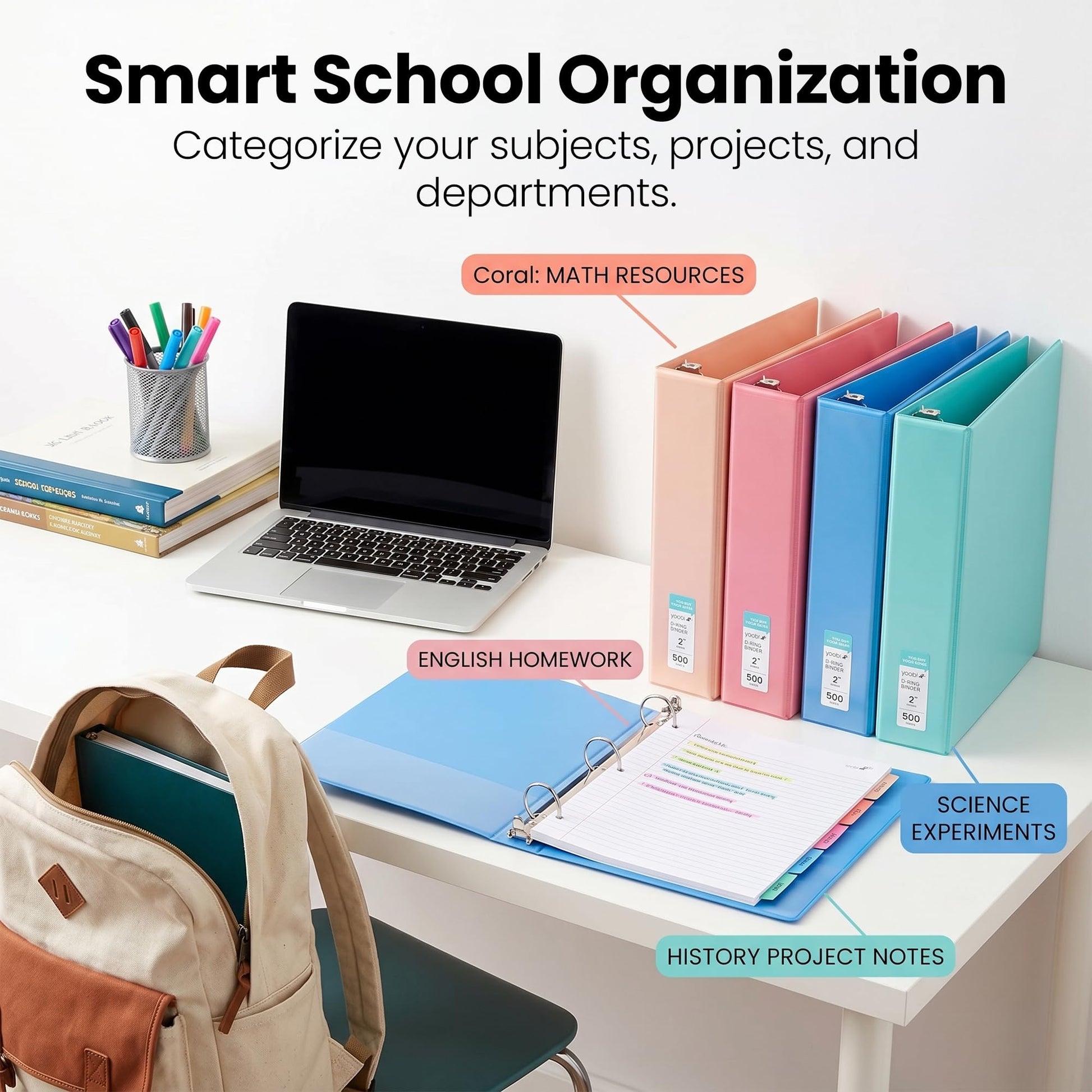 Yoobi 2 Inch 3-Ring Binders, 2 Pockets, PVC-Free, 500 Sheets, 4-Pack