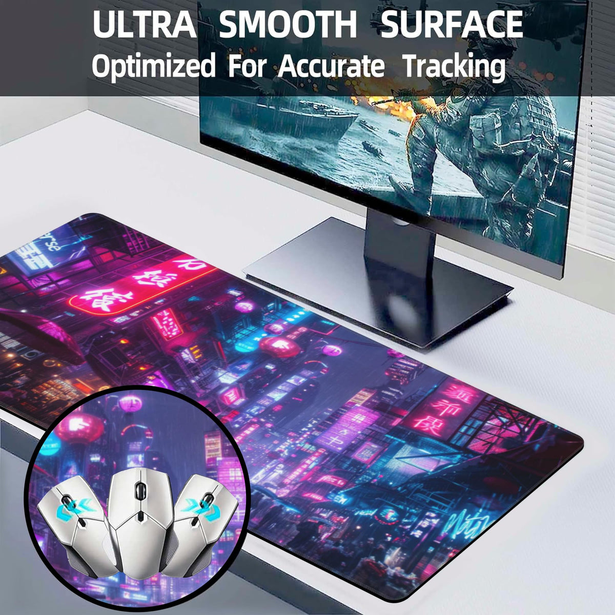 Desk Mat,Cyberpunk Neon City Large Gaming Mouse Pad for Desk XL,Futuristic Night Street Desk