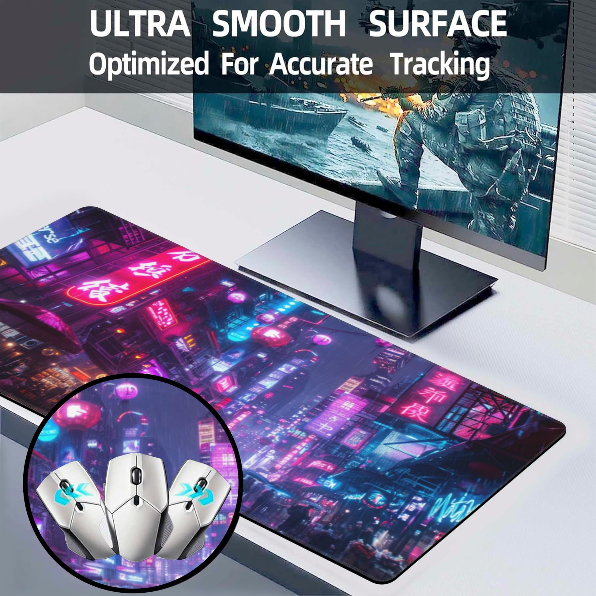 Desk Mat,Cyberpunk Neon City Large Gaming Mouse Pad for Desk XL,Futuristic Night Street Desk