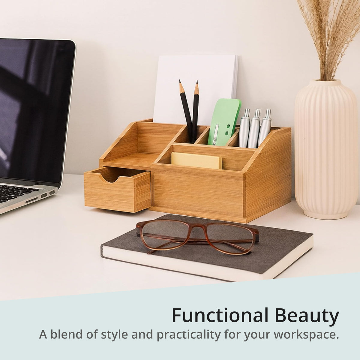 FLYGRUBS Thingles Bamboo Desk Organizer, Wood Pen Holder with Drawer, Storage Box, Pencil Box, Desk