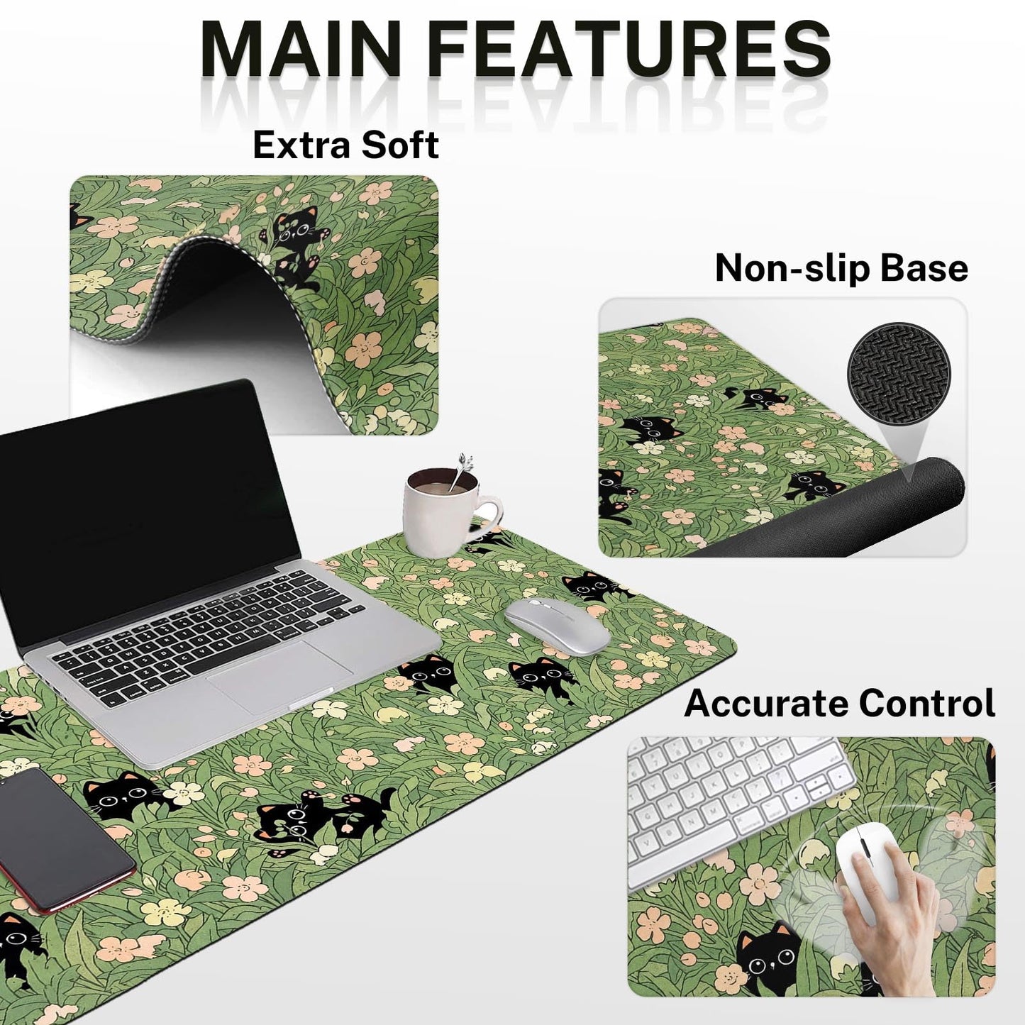Arttown Keyboard Mouse Pad Set, 4 in 1 Desk Mat Set Black Cat