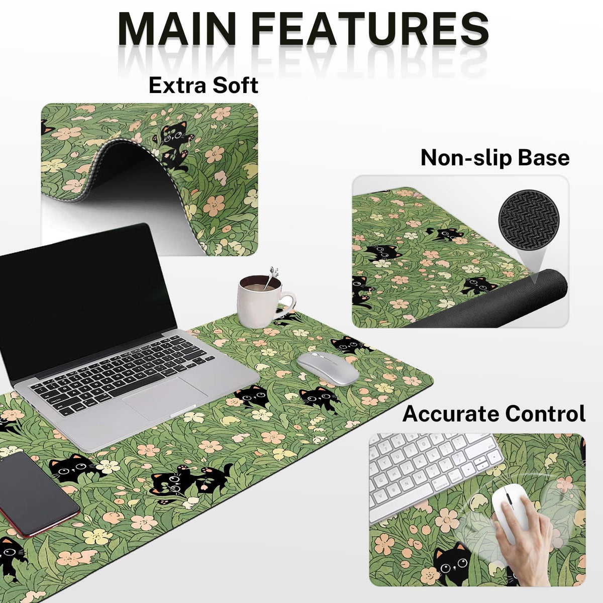 Arttown Keyboard Mouse Pad Set, 4 in 1 Desk Mat Set Black Cat
