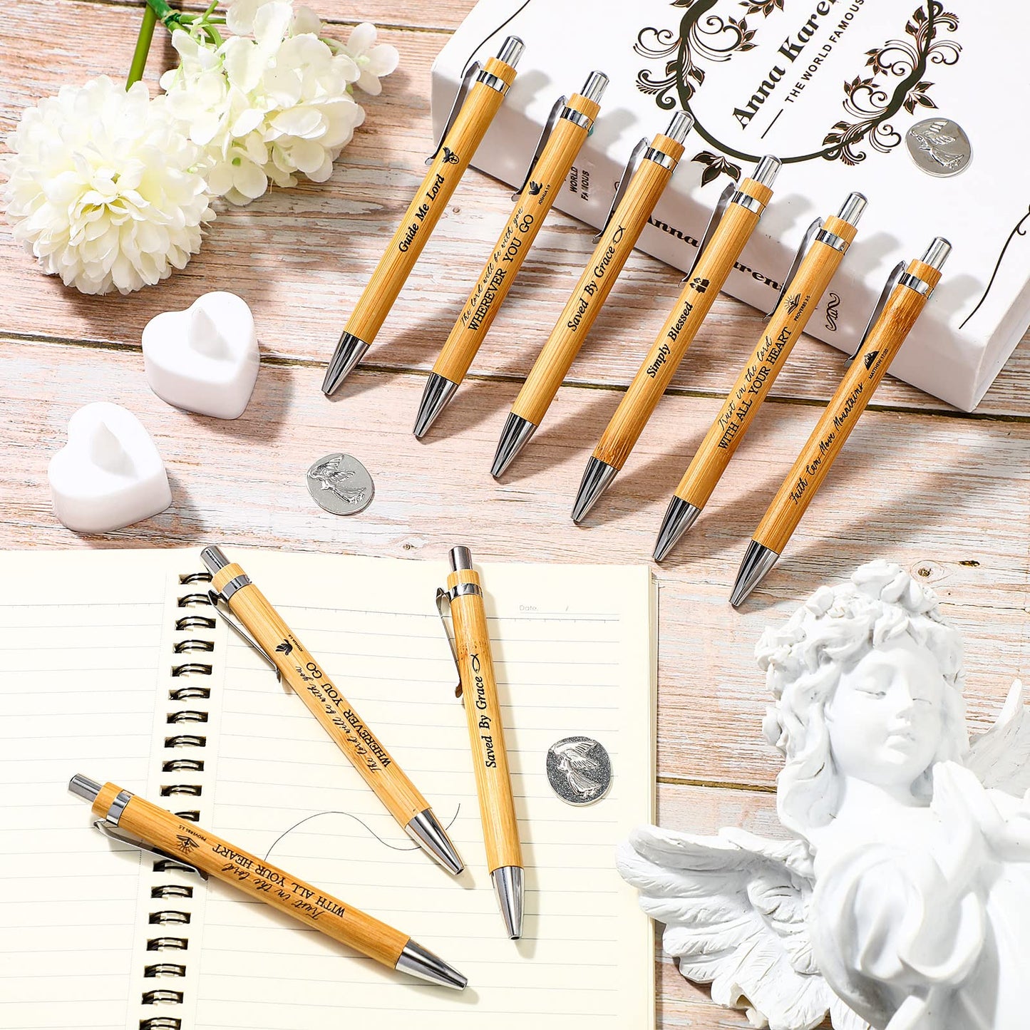 Roowest 48 Bible Verse Bamboo Pens, VBS Volunteer Gifts, Black Ink