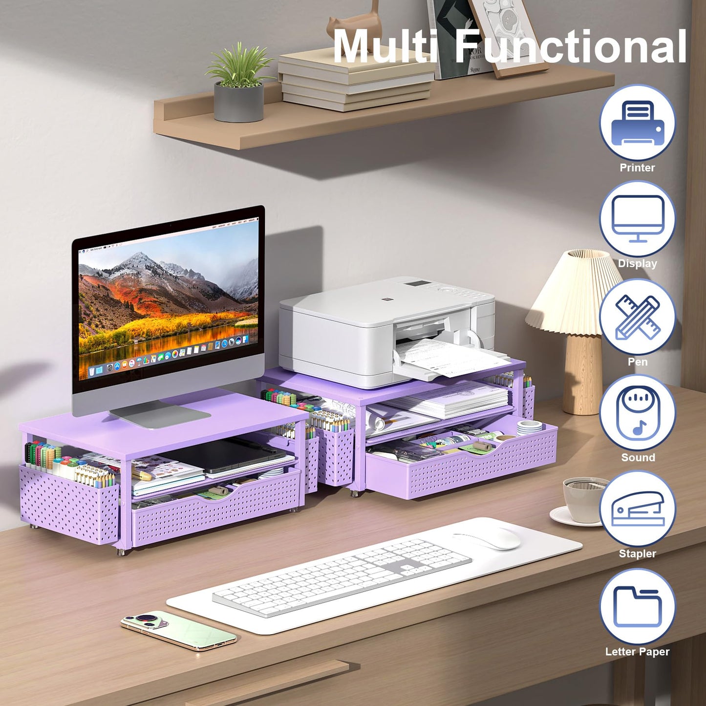 Spacrea Desk Organizers and Accessories, Printer Stand with Storage, Purple
