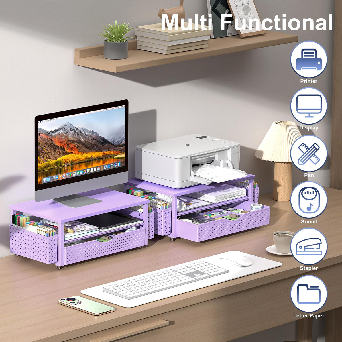 Spacrea Desk Organizers and Accessories, Printer Stand with Storage, Purple
