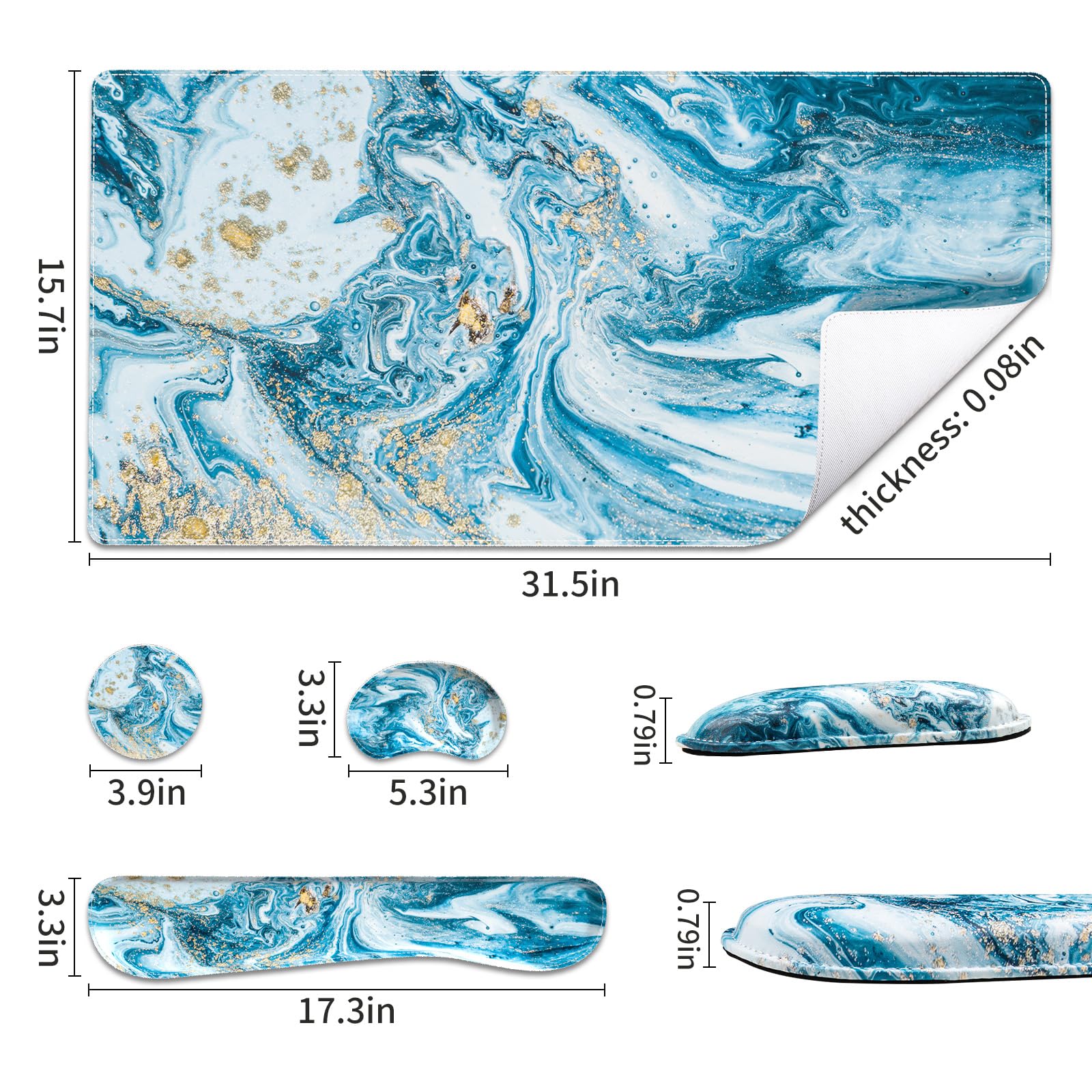 QIYI PU Leather Desk Mat Set, 4-in-1 Ergonomic Wrist Rest, Blue Marble