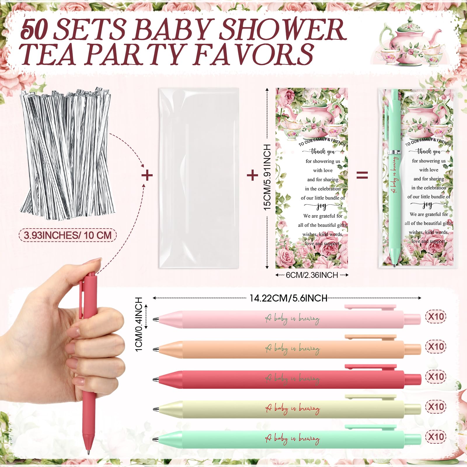 Engrowtic 50 Set Baby Shower Gifts Pens for Guest A Baby is Brewing Tea Party Favors Retractable
