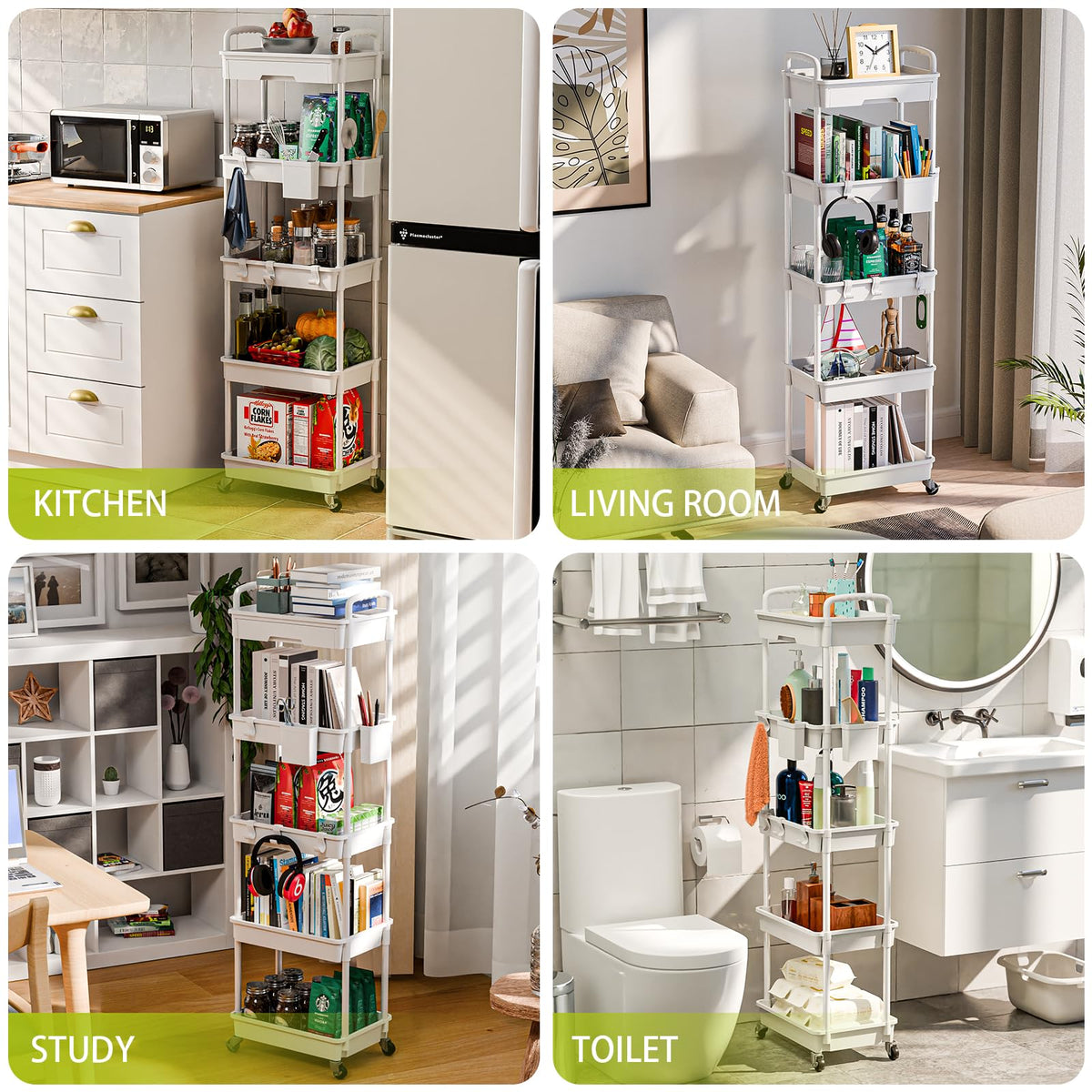 Sorgion 5 Tier Rolling Cart Organizer,Bathroom Cart Organizers with Wheels Laundry Room