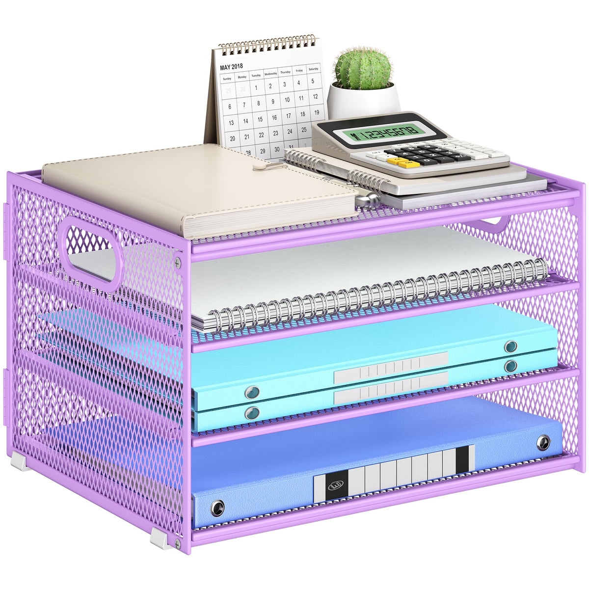 Paper Organizer with Handle,4 Tier Letter Tray Purple Desk Organizer Set