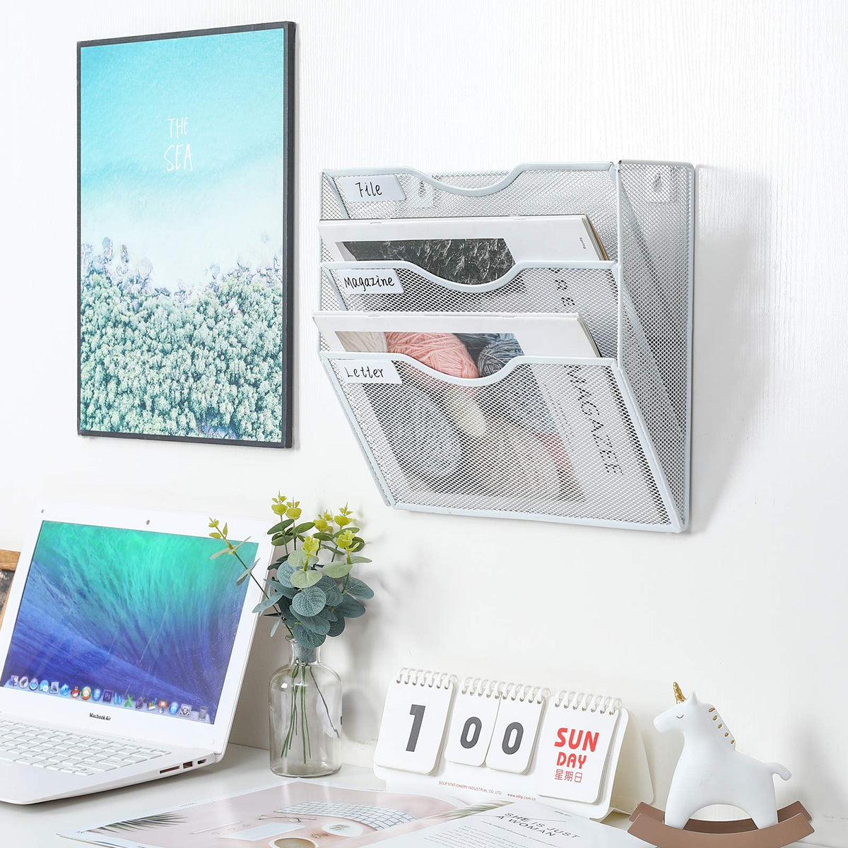 PAG-Mass Hanging Wall File Holder Mail Organizer Wall Mount Document Letter Rack, 3-Tier, White