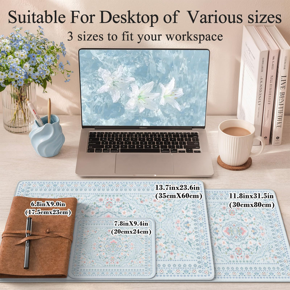 HAOCOO Cute Blue Floral Desk Pad, 31.5" x 11.8" Mouse Pad for Office Setup