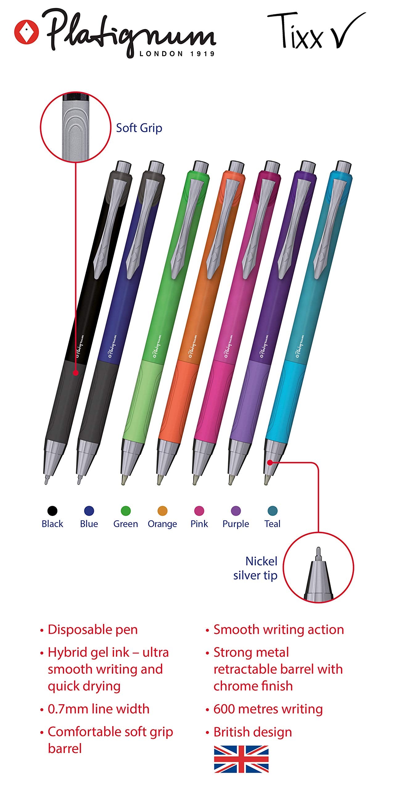 Platignum Tixx Pink Ballpoint Pen [Pack of 12] Soft Grip Barrel with Hybrid Gel Ink for Smudge-Free