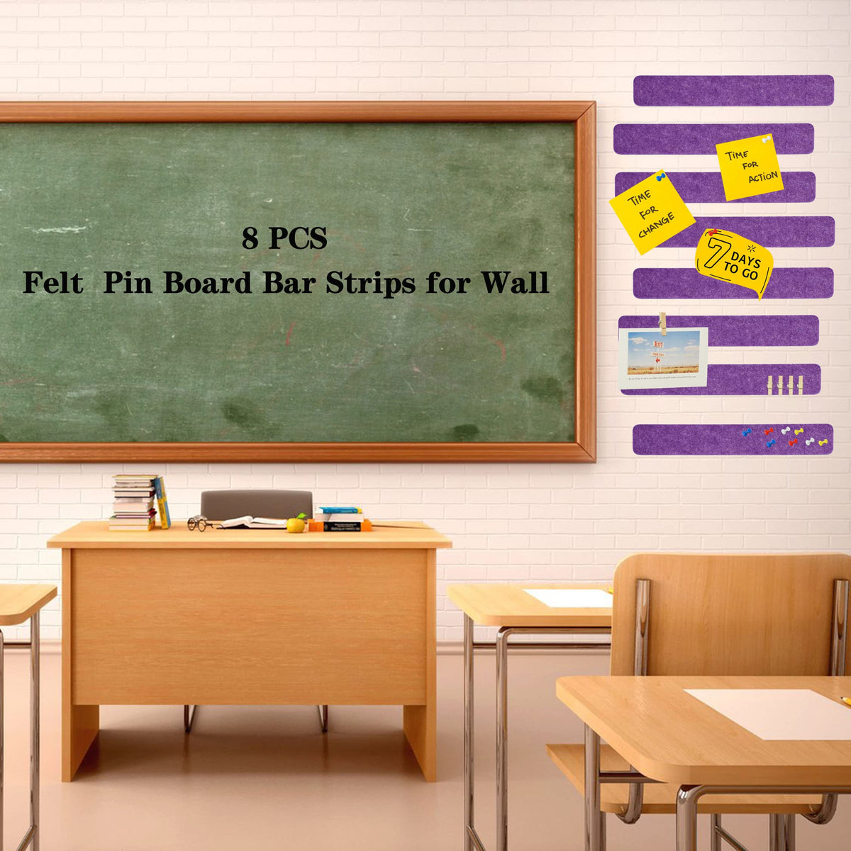 YOUDEFUL 8Pcs Bulletin Board Strips, Purple Felt Pin Board Bar Strips with 50 Pushpins