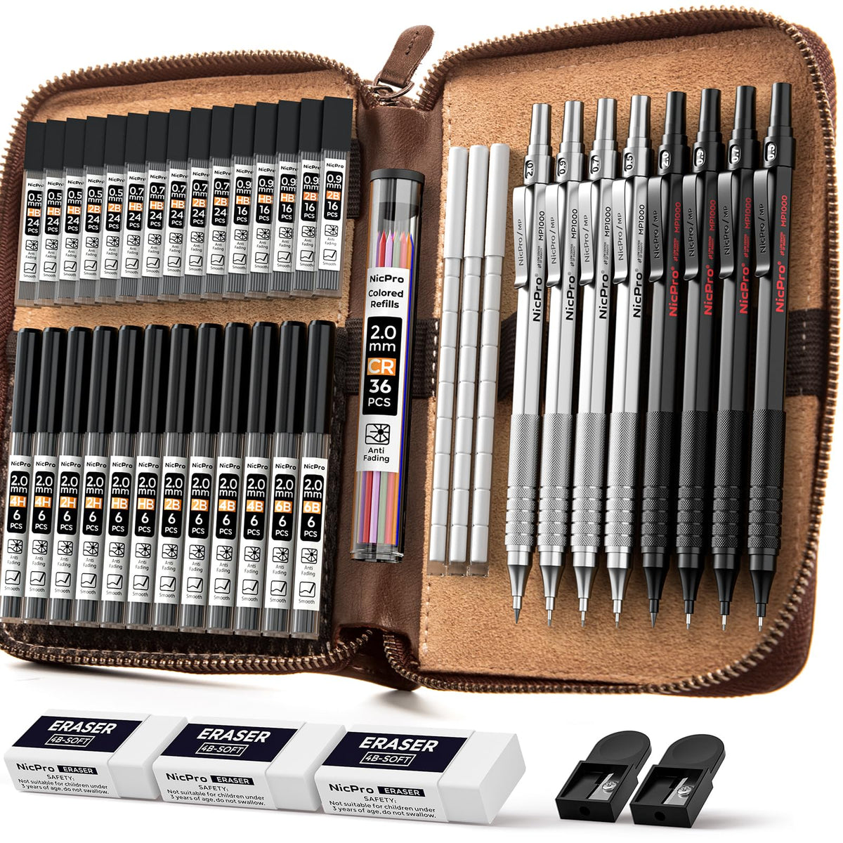 Nicpro 45PCS Black & Silver Metal Mechanical Pencil Set in Leather Case, Art Drafting Pencil 0.5