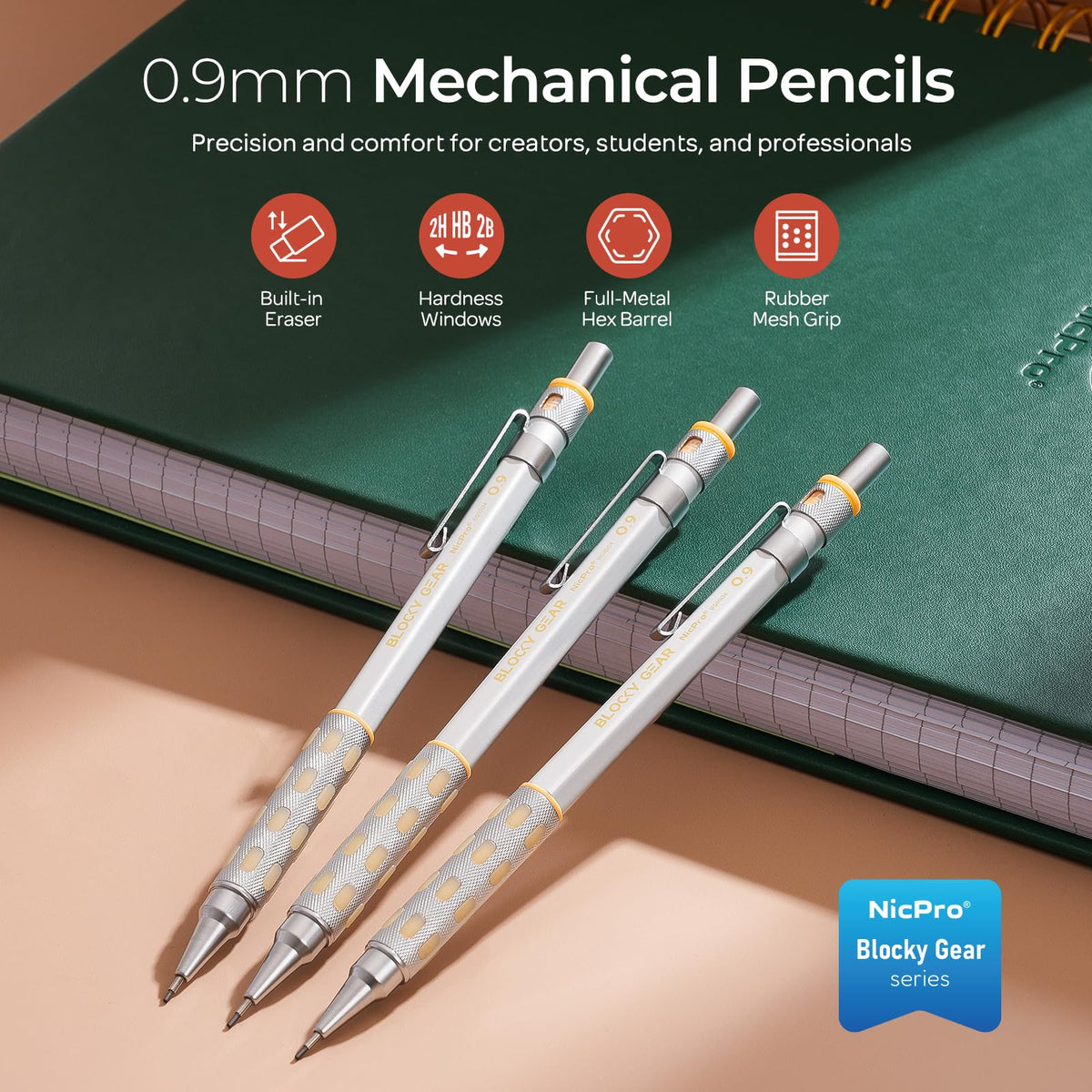 Nicpro Blocky Gear 0.9 mm Mechanical Pencils Set in Case, 3 Pack
