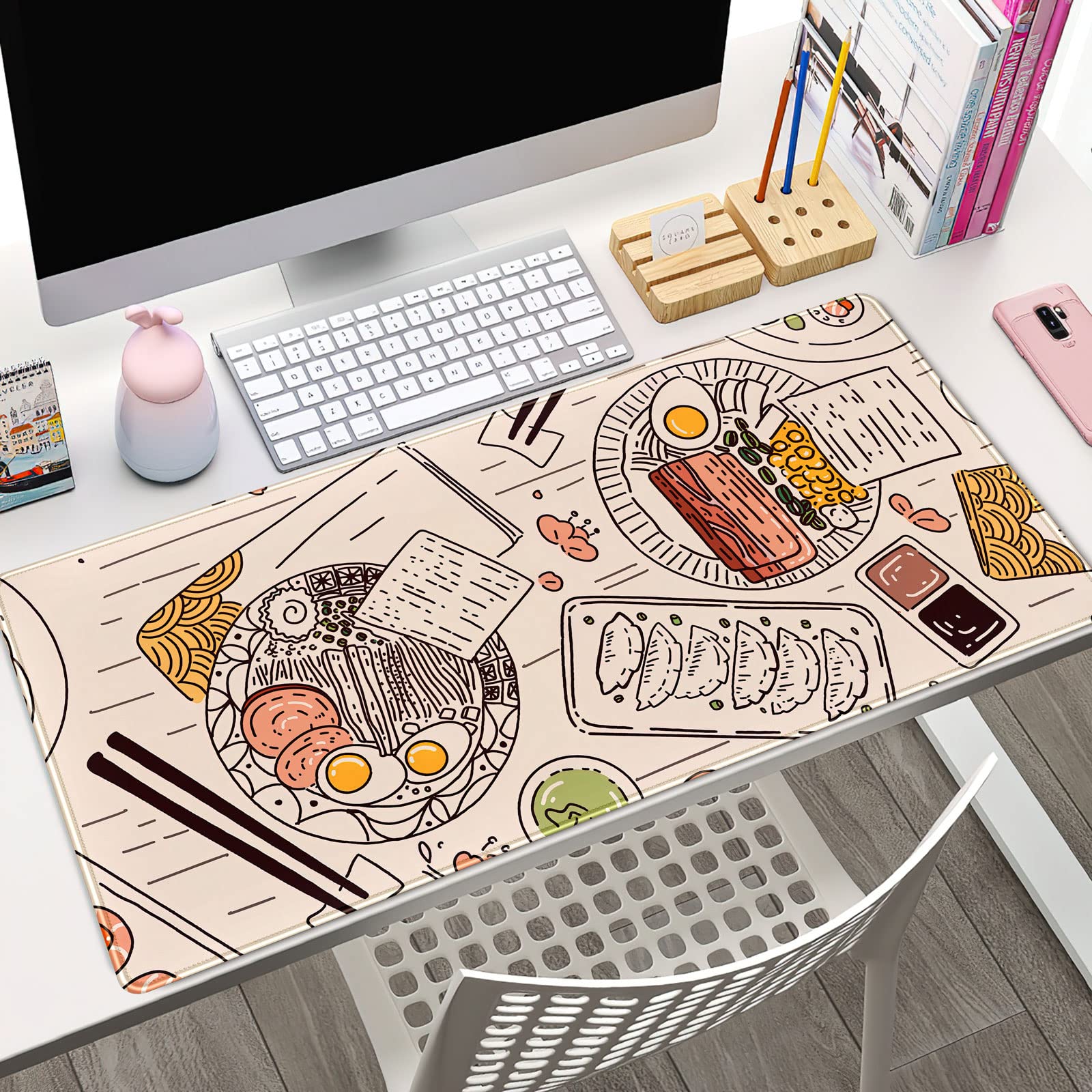 Japanese Ramen Sushi Food Desk Mat Beige XL Mouse Pad Large Full Desk Mousepad Gaming Extended
