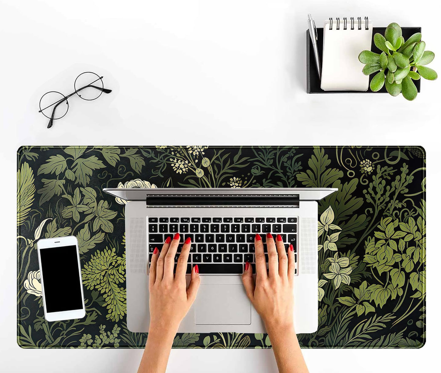 Green Leaves Beige Plants Pad, Large Extend Mouse Pad XXL, Freshness Foliage Keyboard Mat, Black