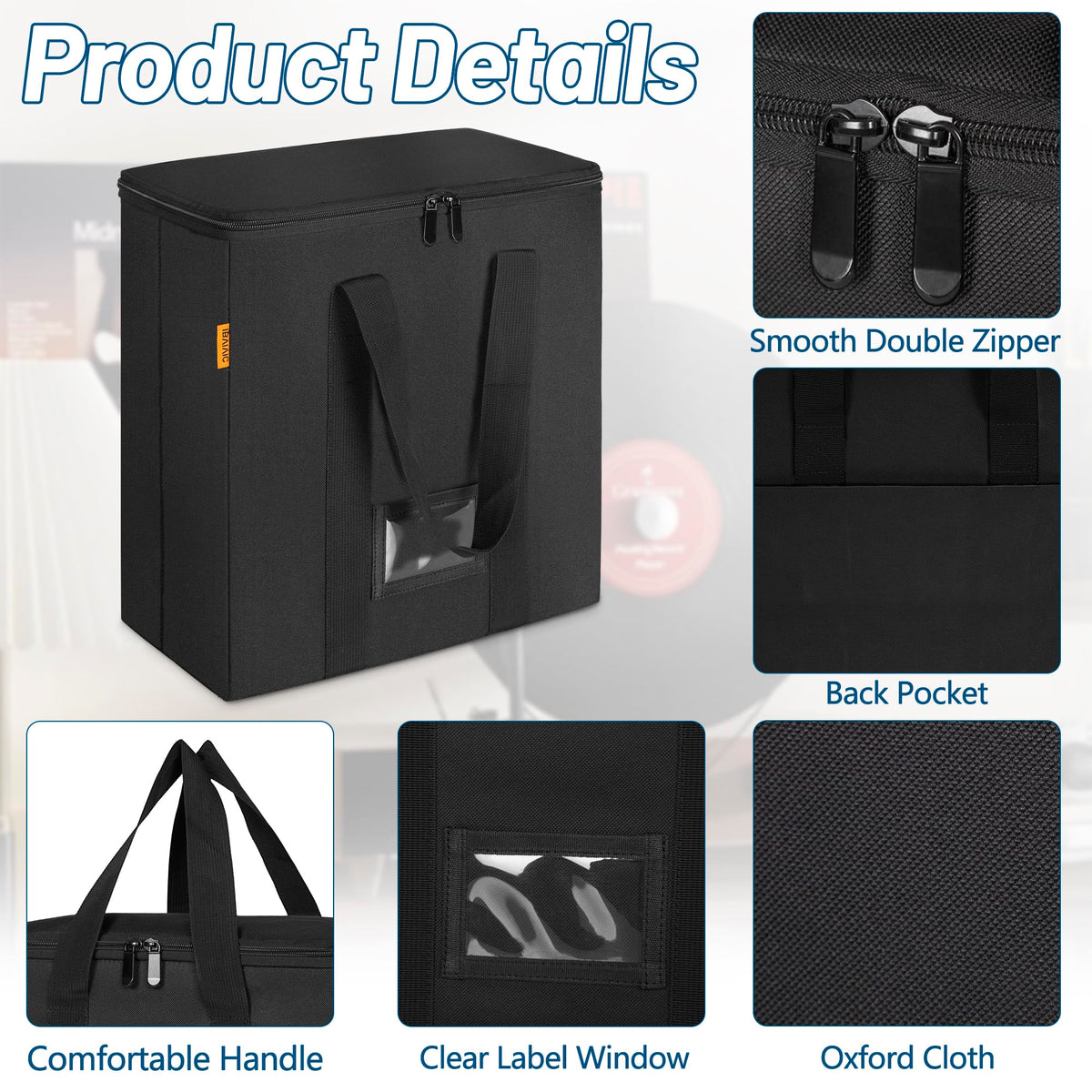 Vinyl Record Storage Box, Record Organizer Storage Bag Stores 35-50 LPs
