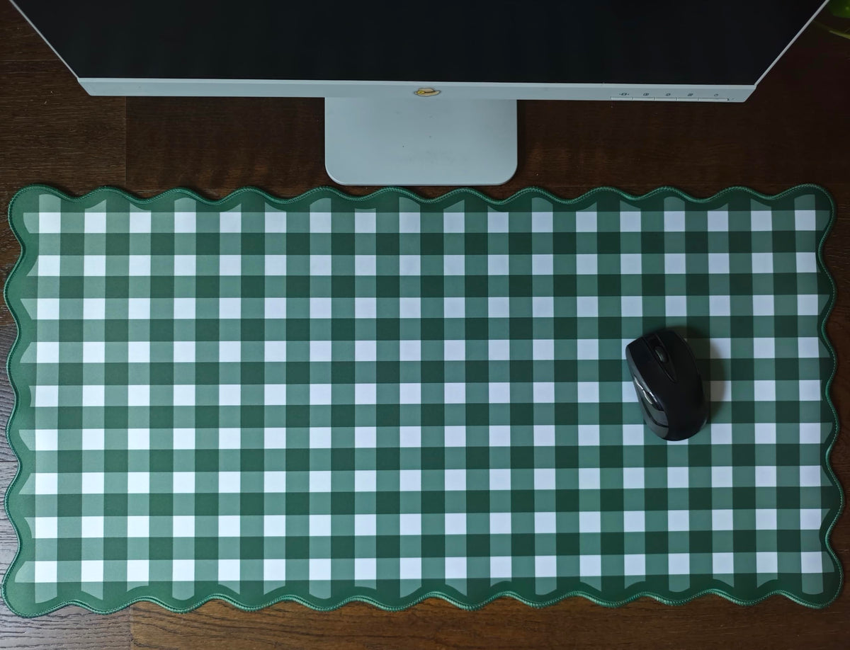 Forest Green Scalloped‌ Checkered Gingham Desk Mat Cute Pastel Large Mouse Pad Kawaii Cottagecore